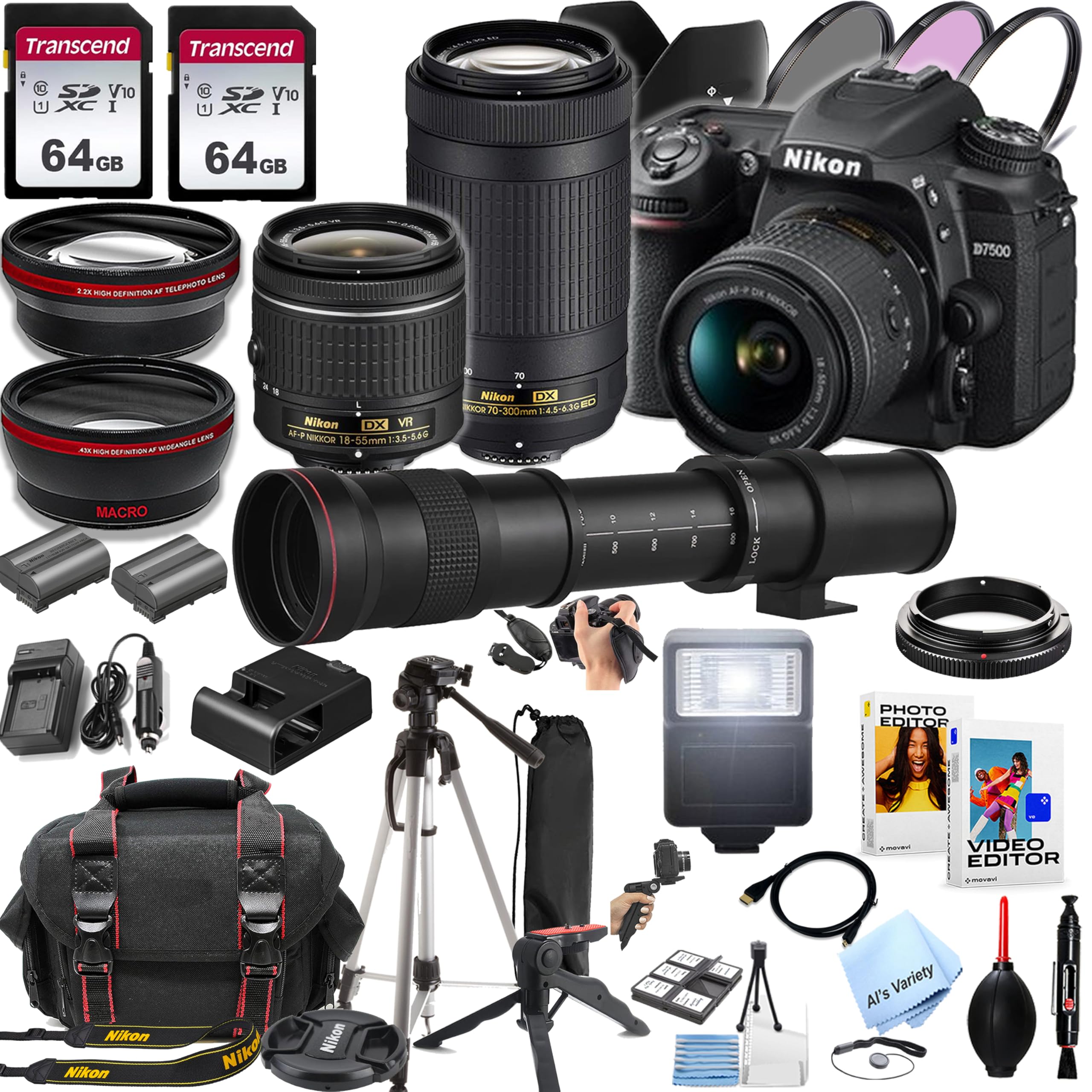 Nikon D7500 DSLR Camera Kit with 18-55mm VR & 70-300mm Lenses + 420-800mm Lens + 128GB Memory, Spare Battery, Filters,Case, Tripod, Flash, and More (46pc Bundle) (Renewed)