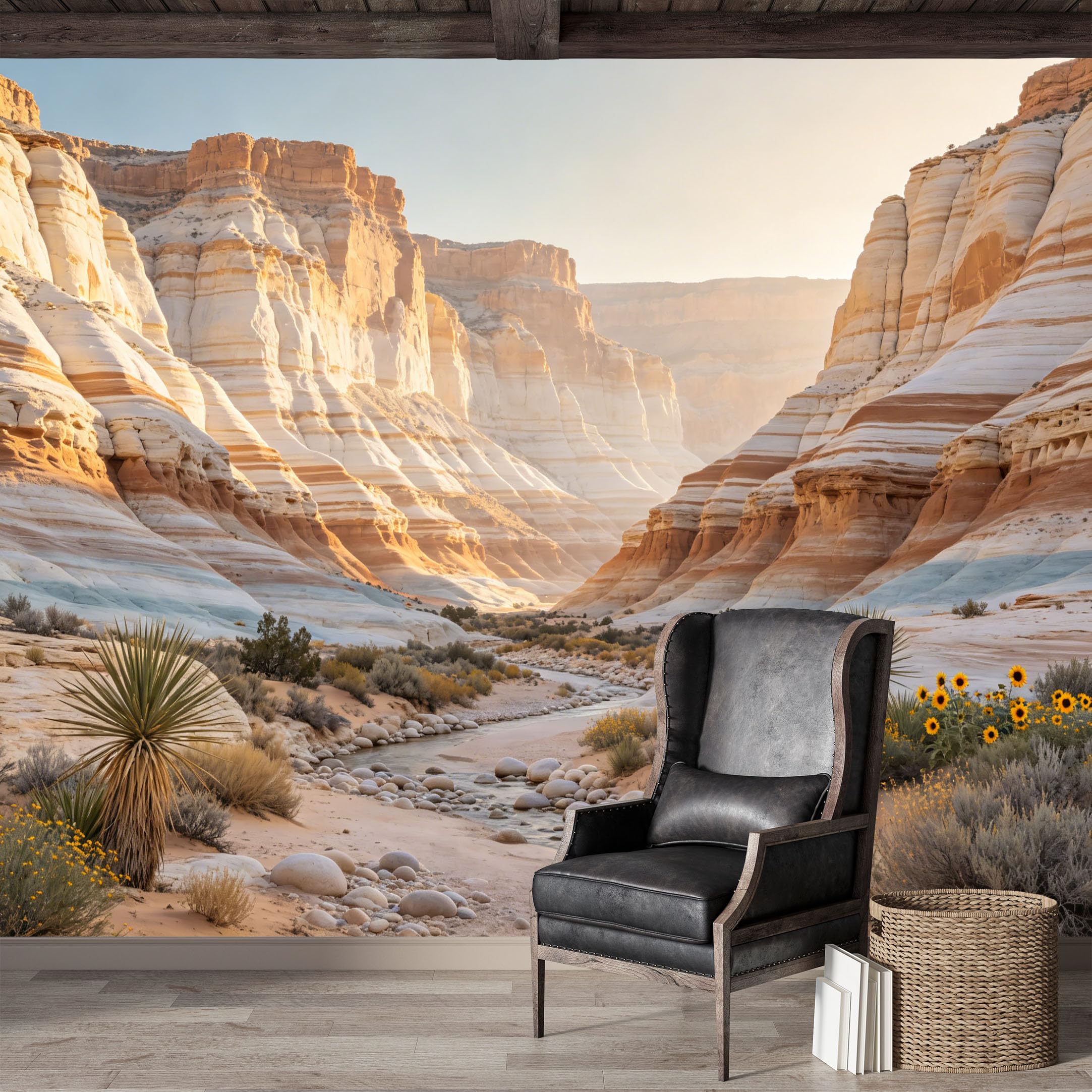 Custom Size Wall Mural,Scenic Canyon Landscape with River and Desert Blooms Premium Water Activated SelfAdhesive Wallpaper,Removable Wall Covering for Indoor Home Decor