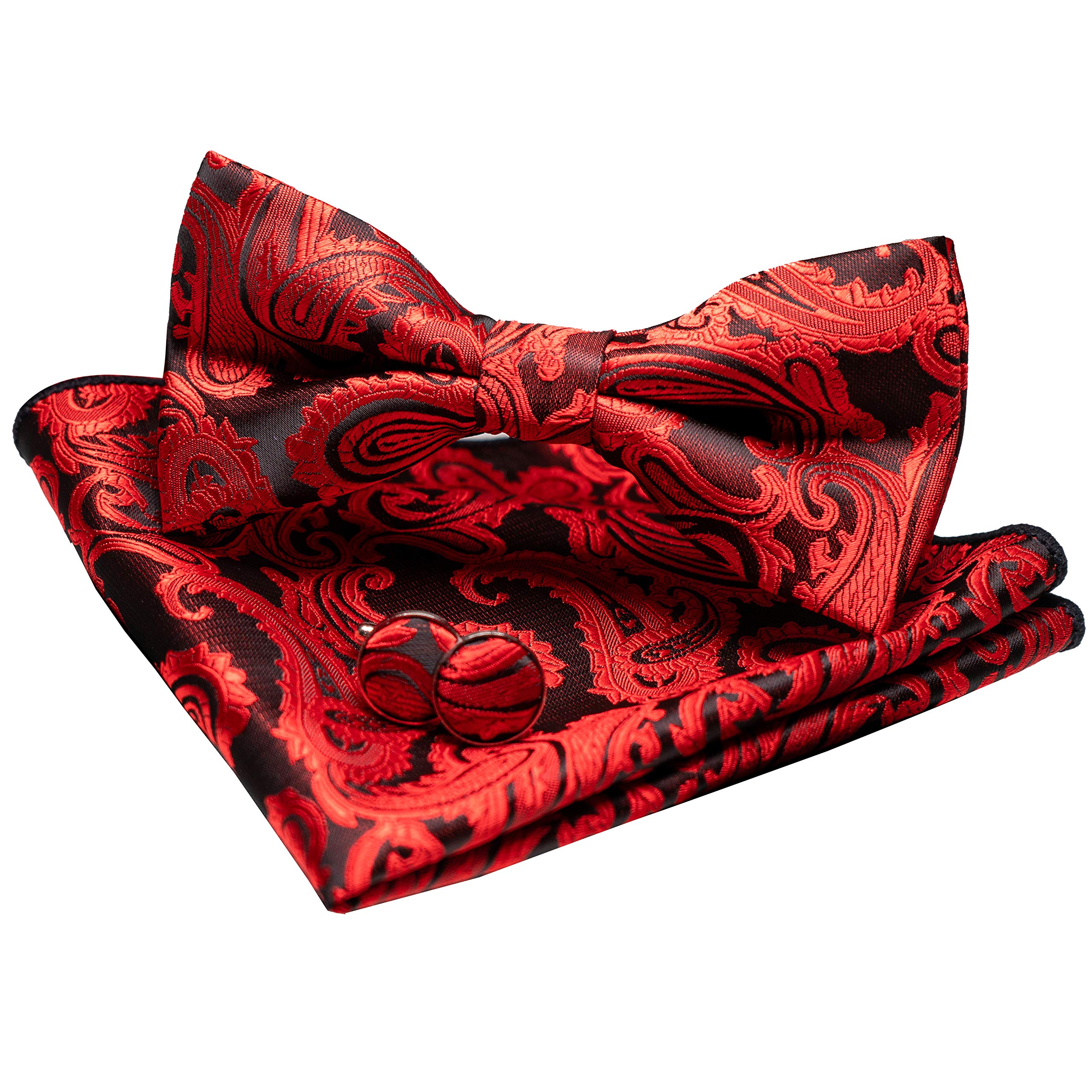 JEMYGINS Paisley vlinderdas en pochet met manchetknopen sets voor heren, rood 3, M