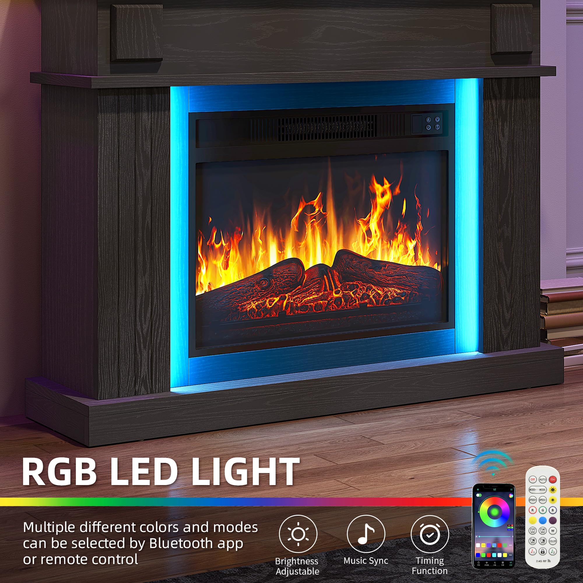 YITAHOME 39 Camino Elettrico da Terra, Effetto Fuoco 3D, Timer, Nero | Camino Finto Decorativo LED d'ambiente, Caminetto Elettrico da Terra con termostato e telecomando, 100X26X80.5CM