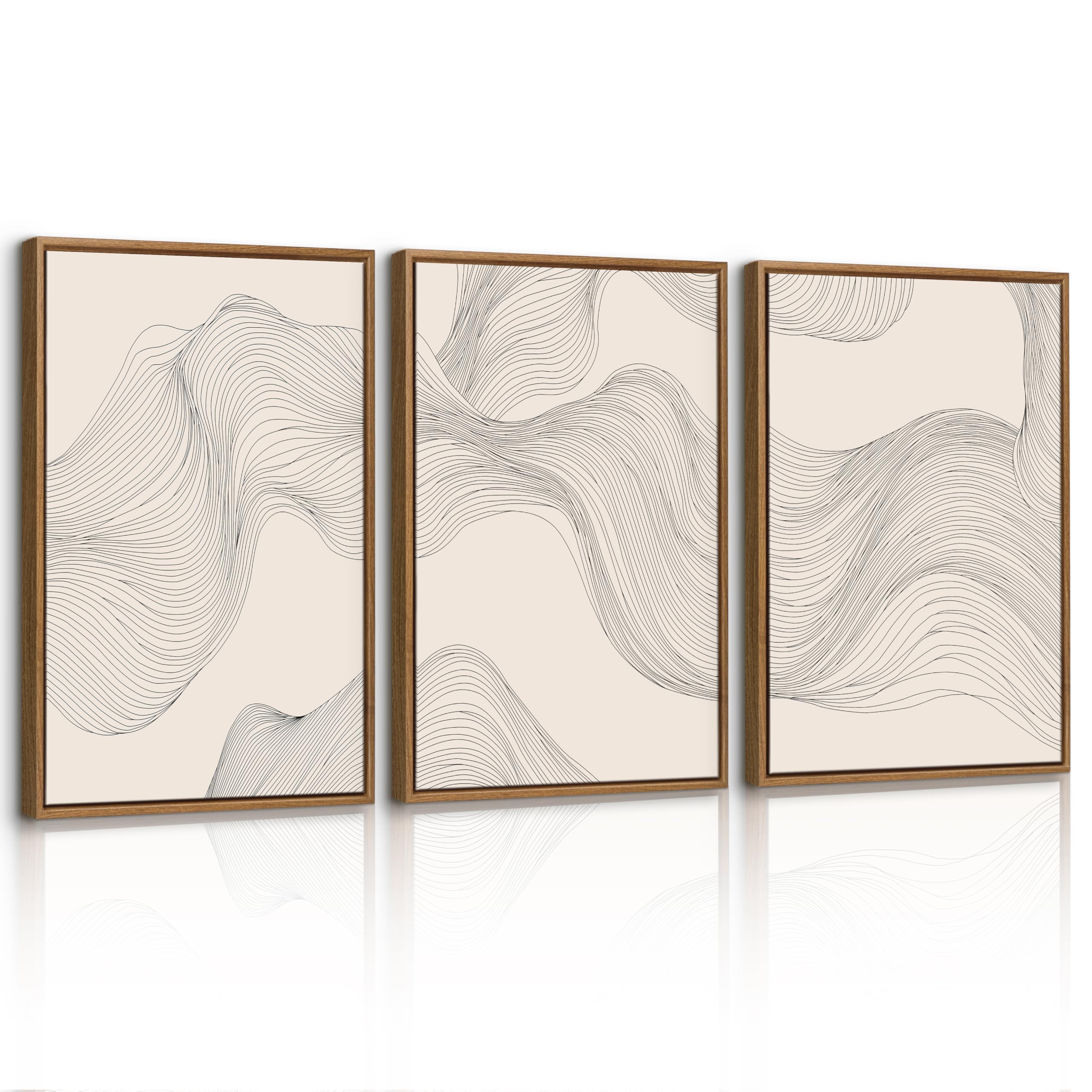 3Pcs Off-white Abstract Waves Framed Canvas Wall Art Prints, Nordic Minimalist Lines Wall Painting Modern Black Lines Canvas Pictures Artwork Home Decor for Living Room Bedroom Office Study 30X40cmx3
