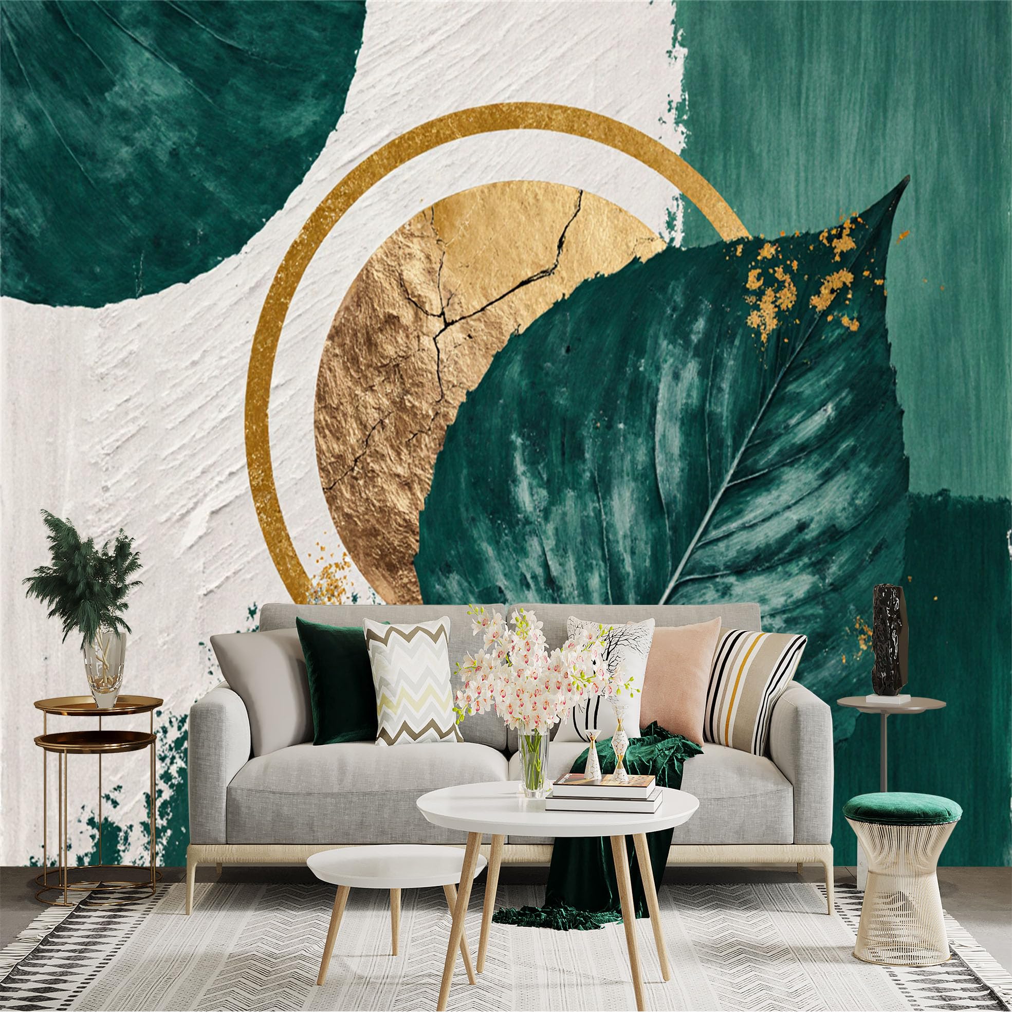 Custom Size Wall Sticker Mural， Modern Abstract Emerald Green Leaves， Gold Foil Texture Circles， Artistic Brushed Strokes， for wall Decoration， peelandstick wall Decals.