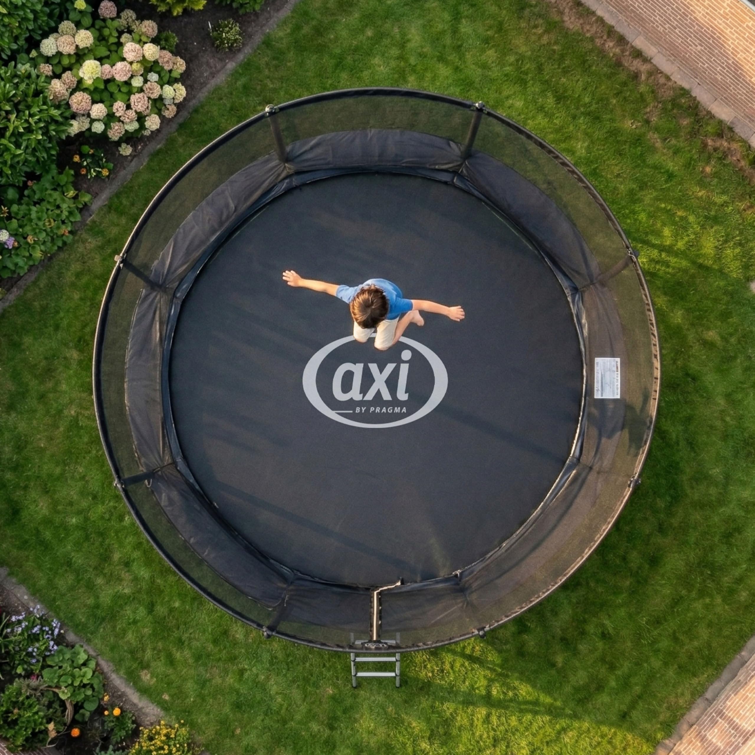AXI Houston Trampolin rund mit Netz, Inklusive Leiter - Schwarz | Onground Trampolin für Kinder mit Schutzrand | Für den Garten/Outdoor.