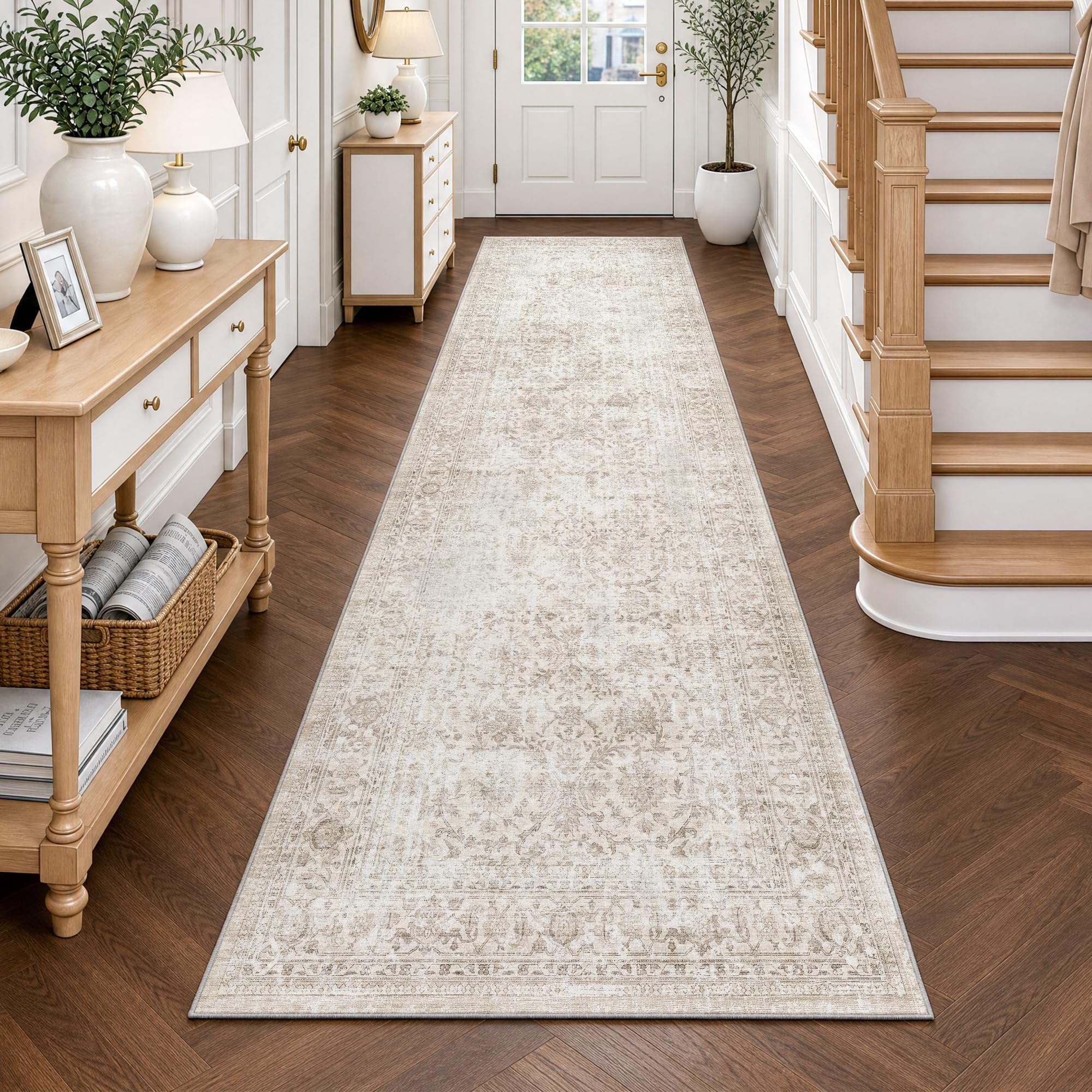 FMFUNCTEX 3x12 Hallway Runner Rug Washable Beige Neutral Vintage Distressed