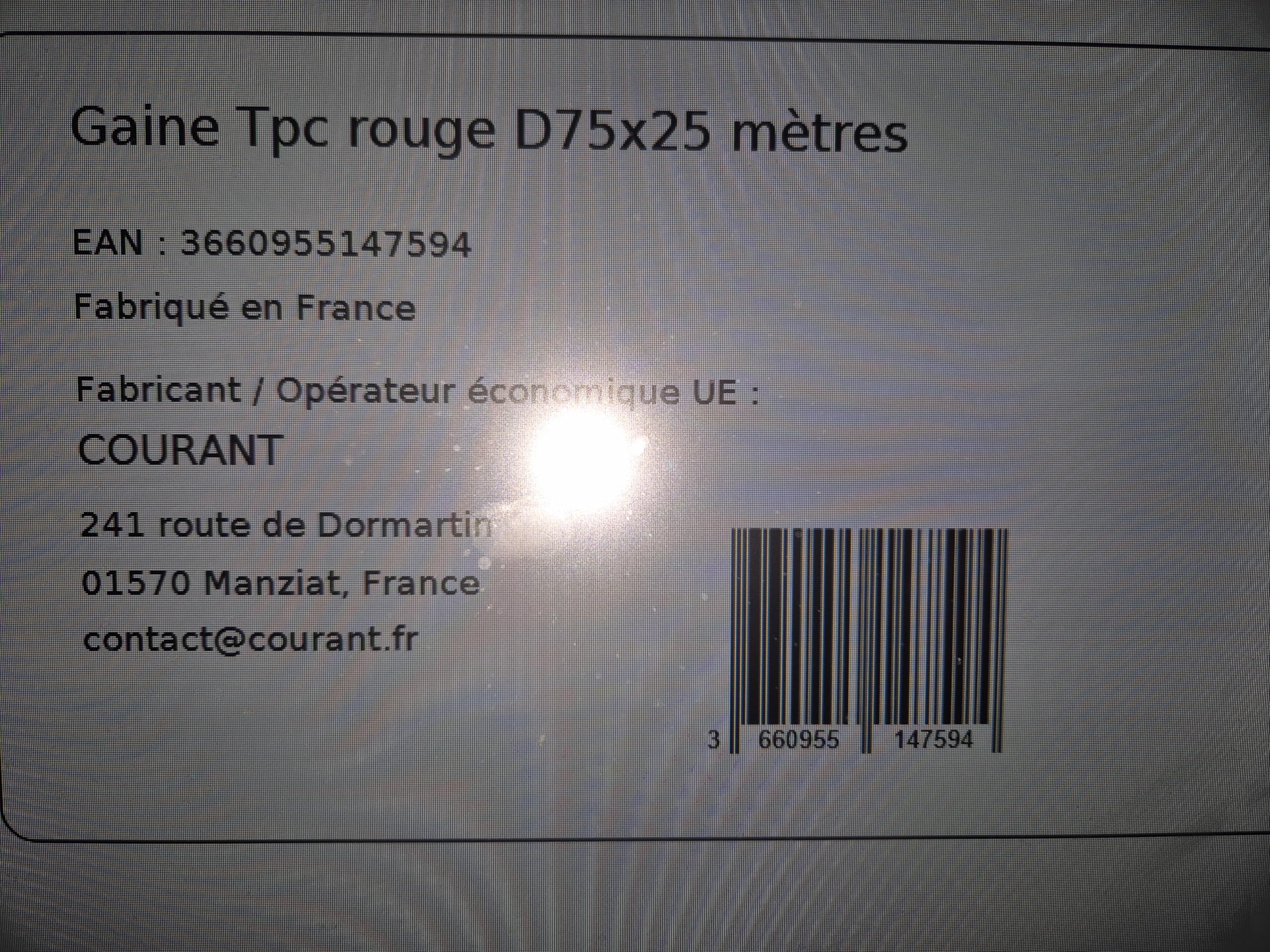 Gaine TPC rouge Ø 75 mm x 25 mètres