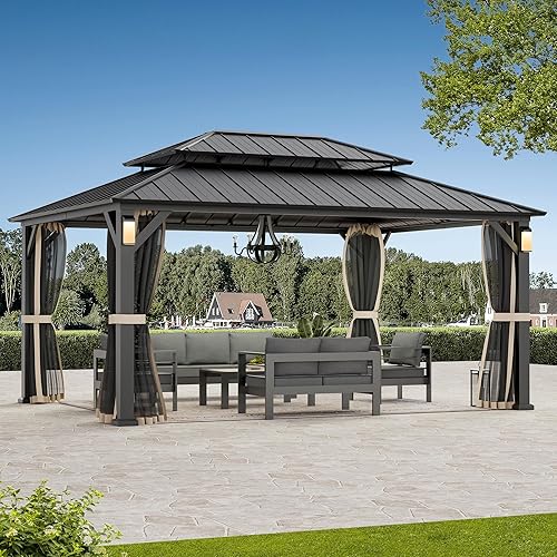 Miniatura 18 de Glorieta moderna con techo rígido de 10 x 10 pies, glorieta permanente de metal con 4 luces LED, pabellón para exteriores con techo de acero Negro
