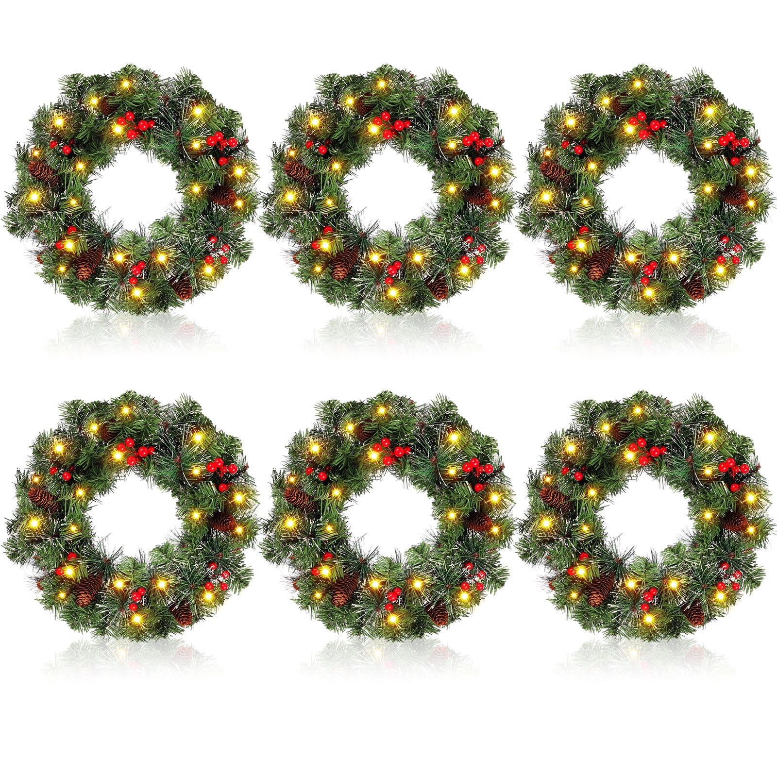 Karenhi 6 Pcs Artificial Christmas Wreath 15 Inch Christmas Wreaths for Front Door with Warm White LEDs Lights Battery Operated Spruce Lighted Wreath for Holiday Party Outdoor Decorations