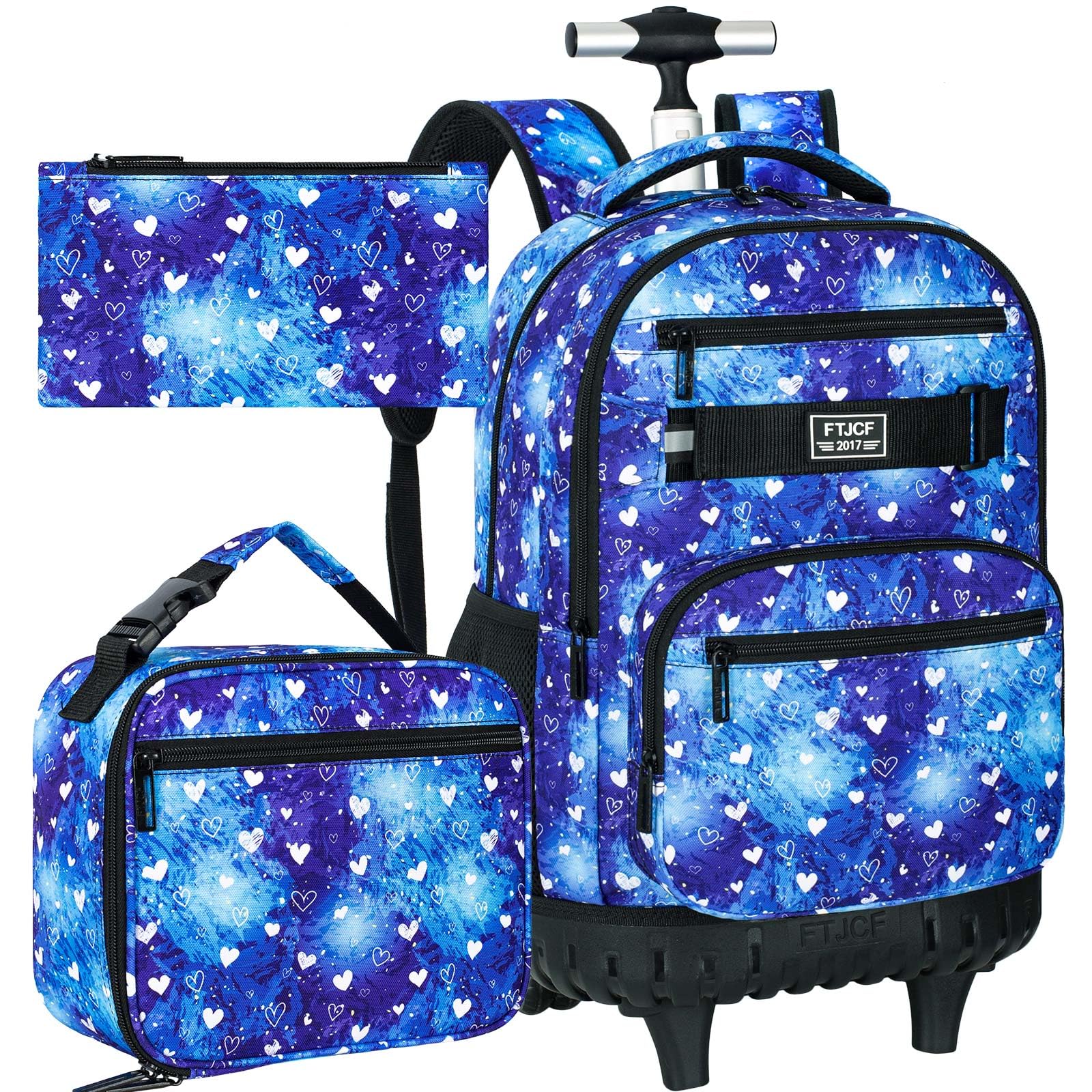FTJCF 3Pcs Rolling Backpack for Girls, 19 Inche Women Roller Bag with Wheels for Adults, Wheeled Bookbag with Lunch Box(Blue)