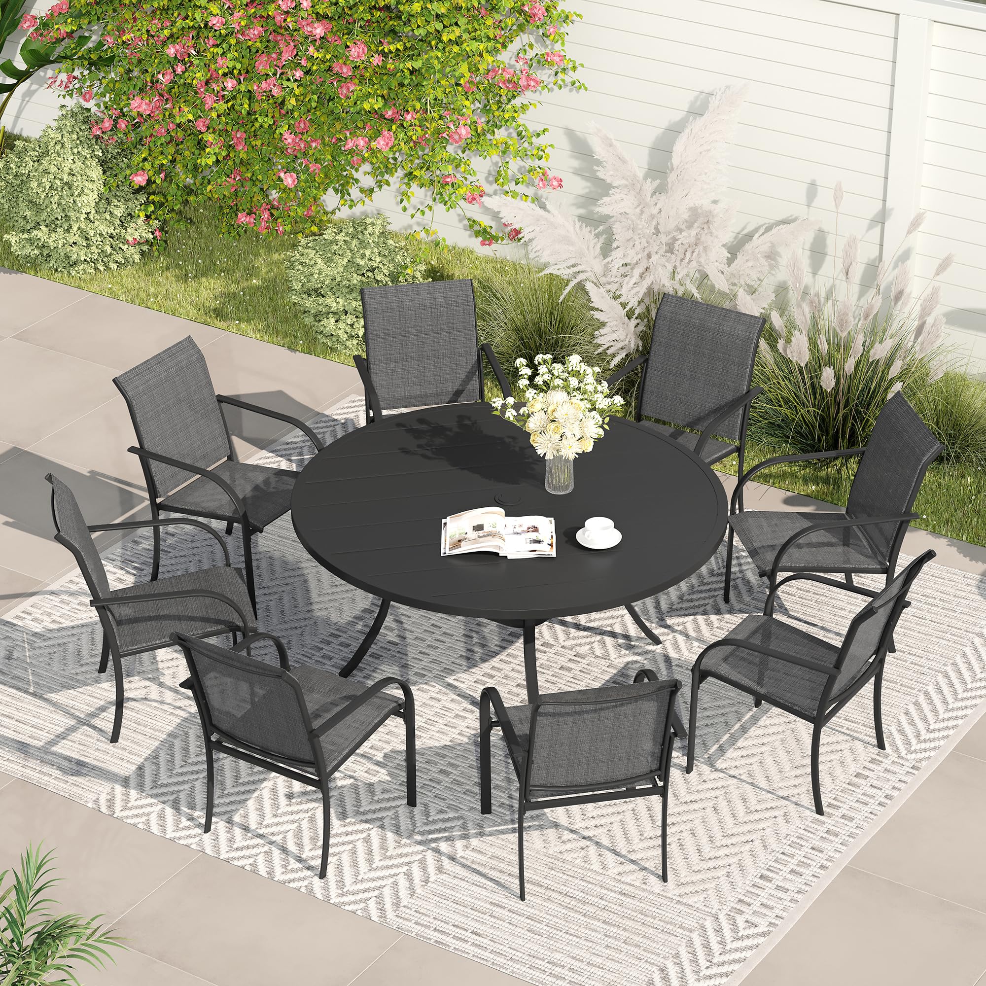 VICLLAX Patio Dining Set for 8, Outdoor Furniture Set Includes 53" Round Patio Table and 8 Patio Sling Chairs, Black Tabletop and Grey Fabric