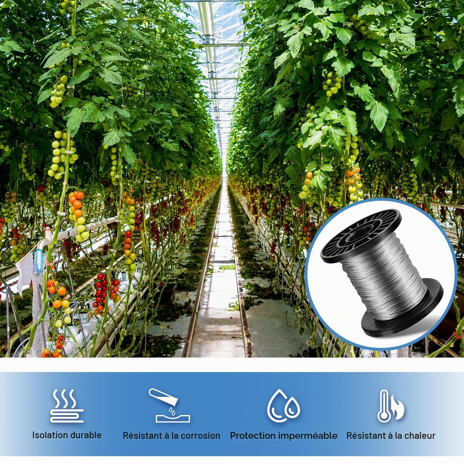 100m Câble métallique, 1mm Câble en acier inoxydable 304, âme de 7×7 brins avec 100 manchons de ser, corde à linge, pour plantes grimpantes, clôture, lumières, suspension