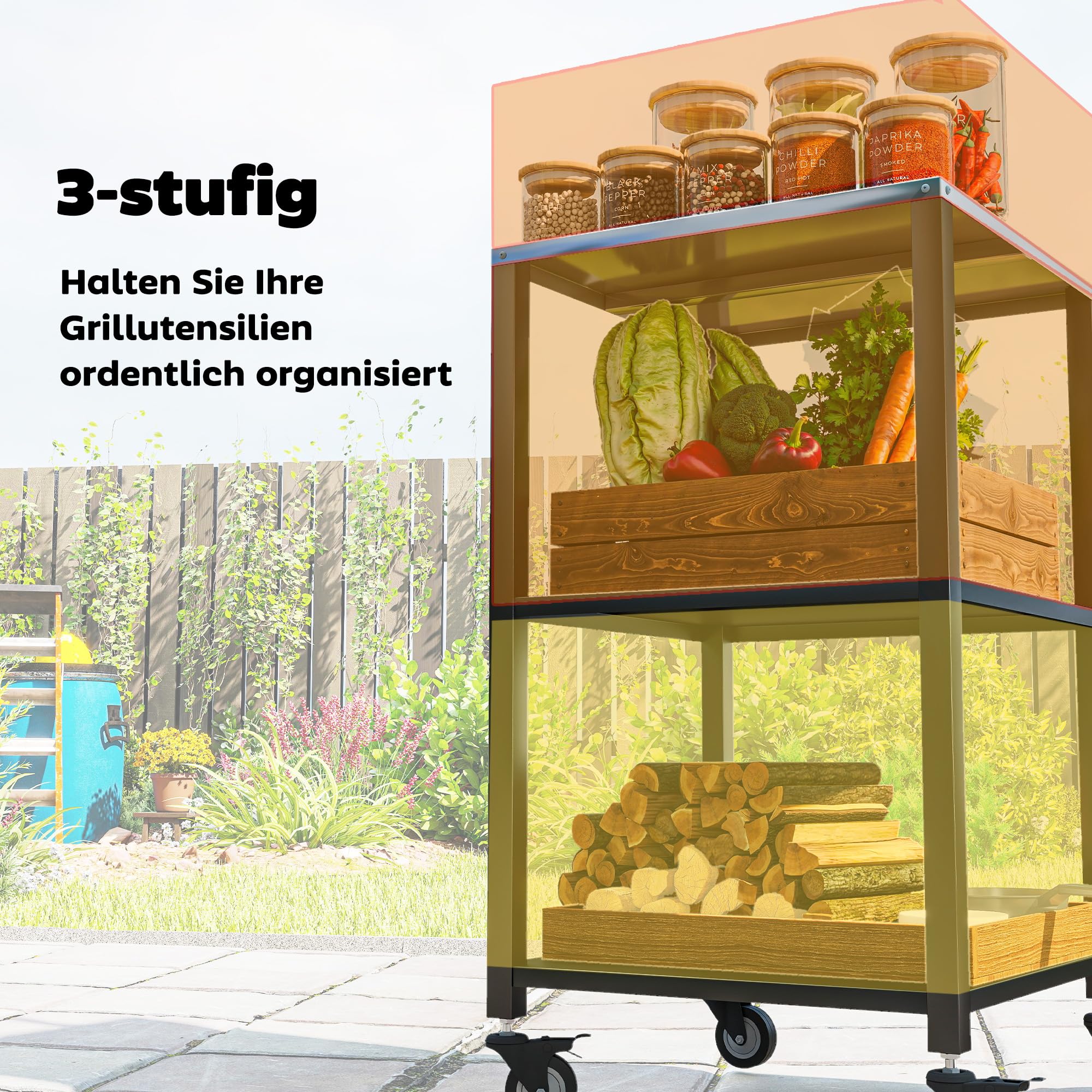 Outsunny Grillwagen 3-Etagen Grilltisch mit Edelstahl Arbeitsfläche Rollen mobiler Servierwagen Outdoor Beistelltisch Grill Trolley für BBQ 50 x 50 x 90 cm Schwarz