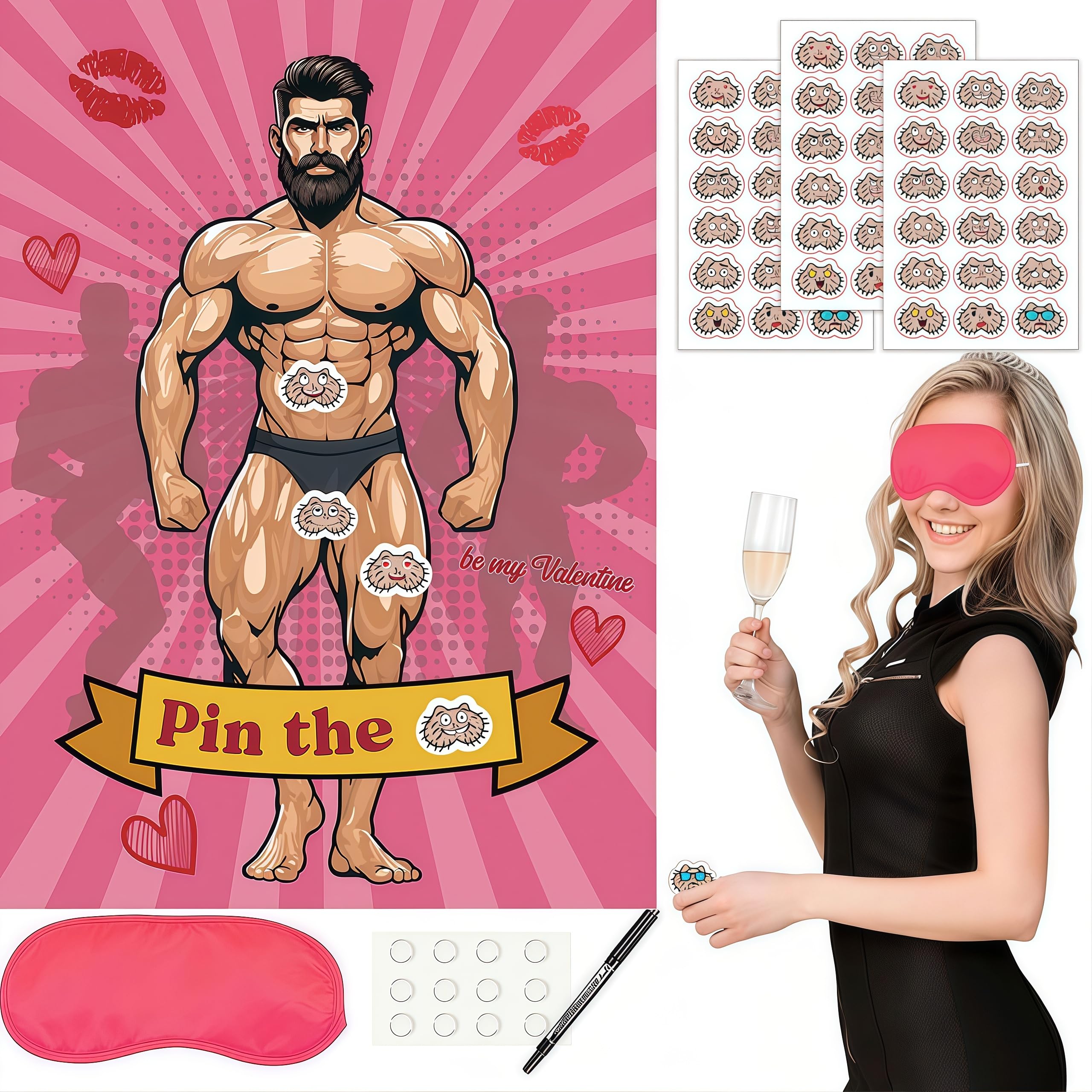 DVSWDMA Hen Party Games 17PCS Pin The Pants On The Hunk with Large Size Novelty Stickers Eye Mask Bachelorette Party Game Hen Do Accessories Party for Hen Party Organizers and Team Bride (B)