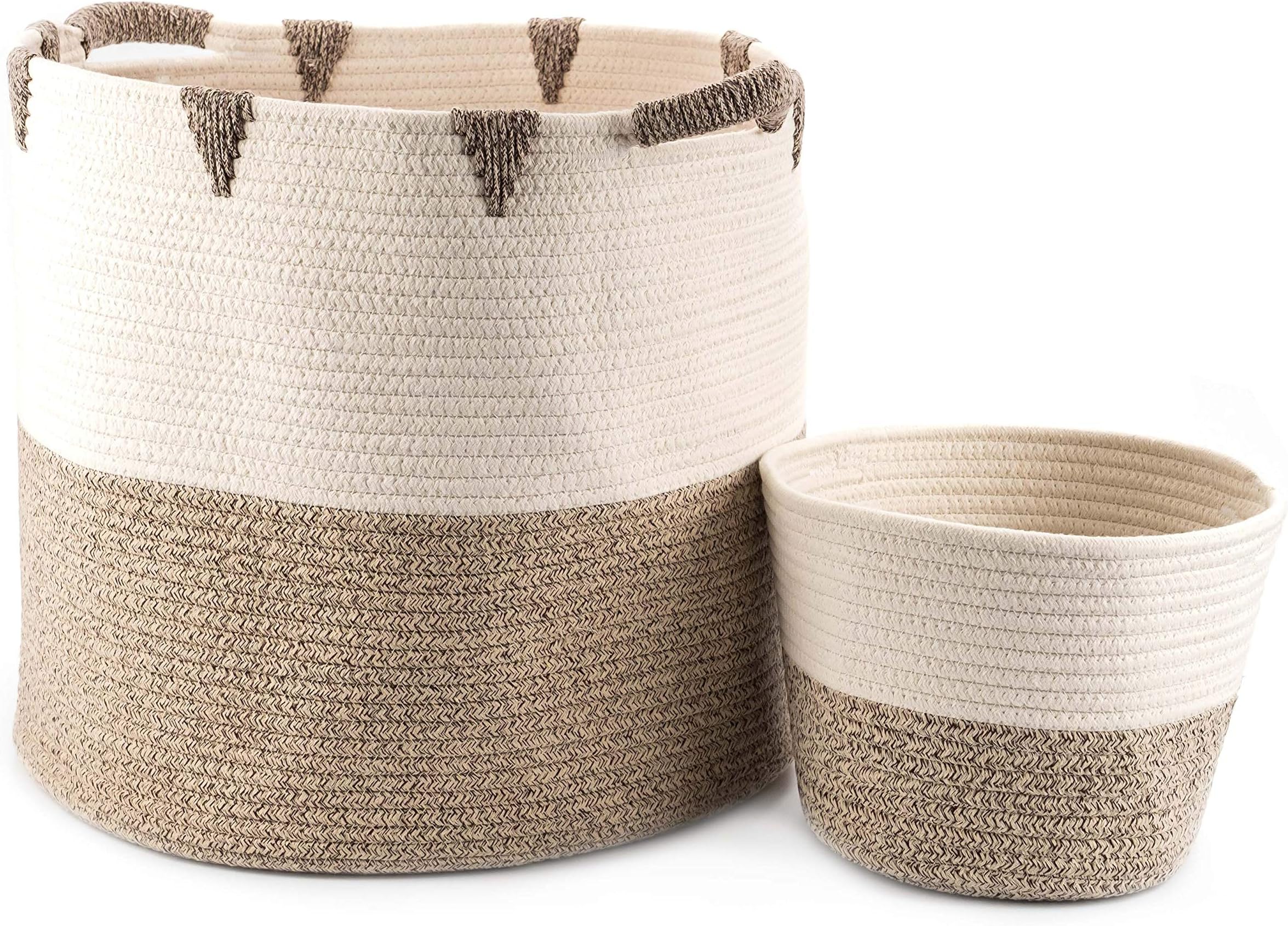 Little Hippo 2pc Large Cotton Rope Basket, White (16"x15") 100% Natural Cotton! Laundry Basket, Woven Storage Basket, Blanket Basket Living Room, Toy Storage Basket, Pillow Basket, Round Basket