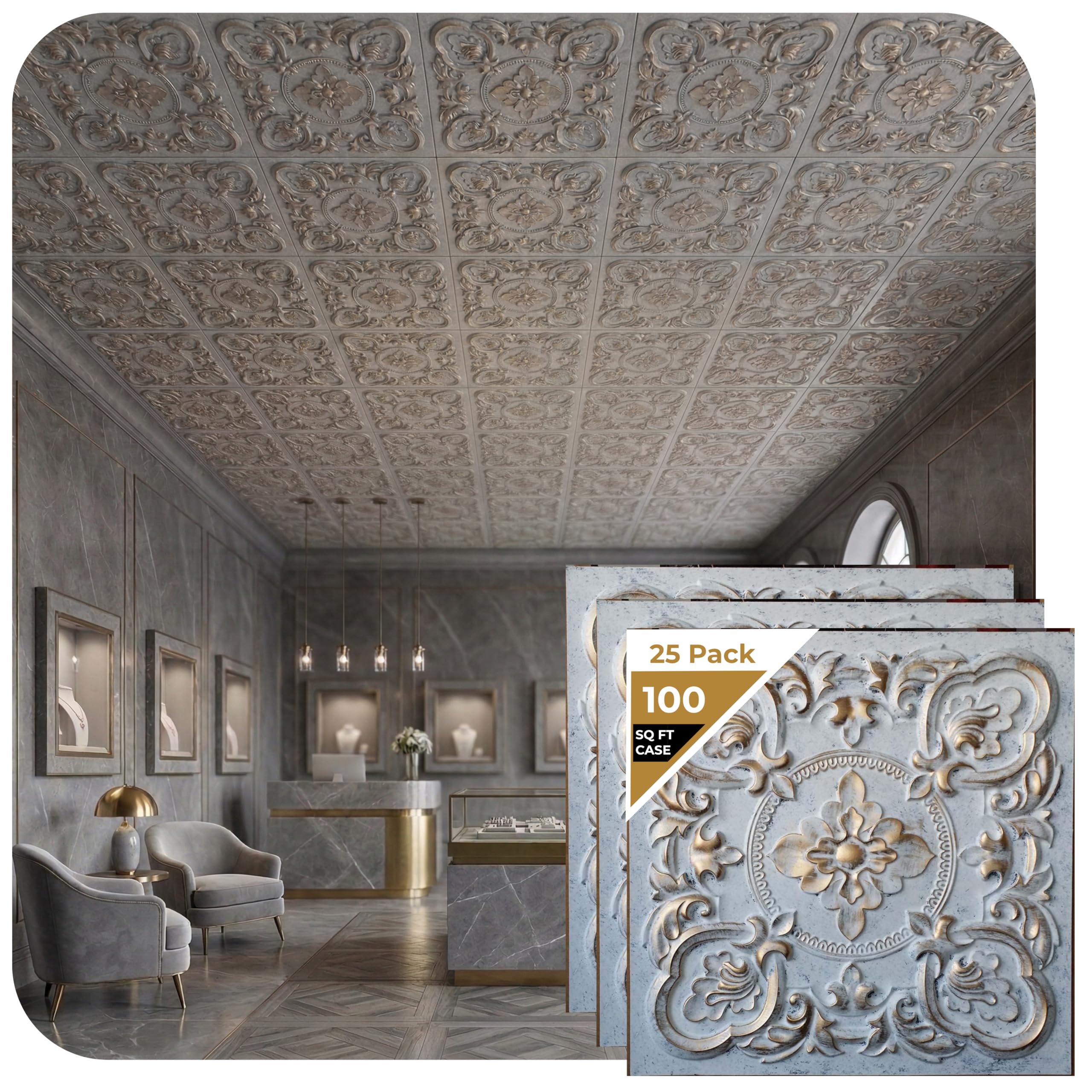 from Plain to Beautiful in Hours DCT30agwg-24x24-25 Gaby PVC 2' x 2' Glue-up or Lay-in Ceiling Tile (Case / 100 sq.ft), Aged White Gold, 25