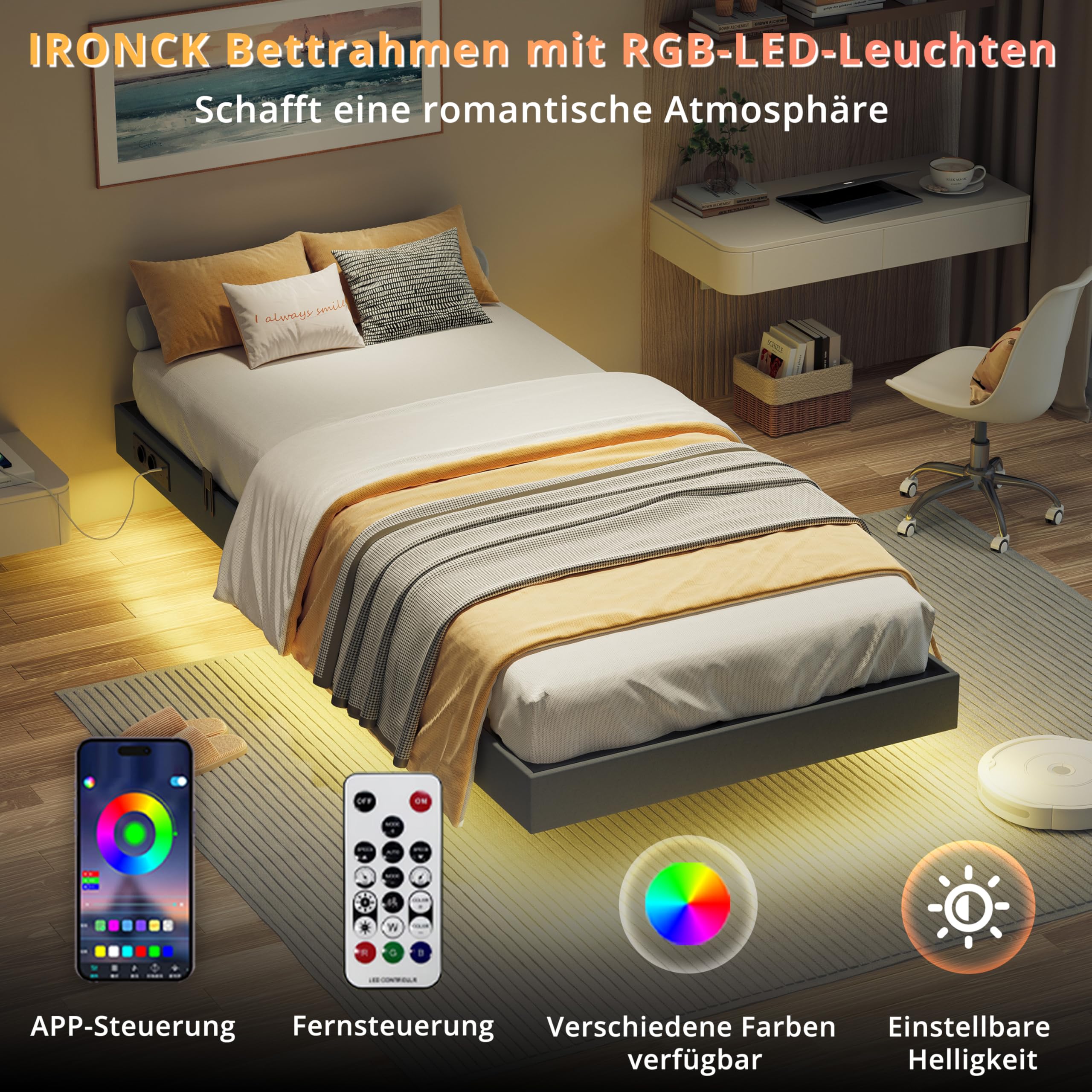 Ironck Bettgestell 140x200 mit LED-Beleuchtung & Ladestation – Bild 4