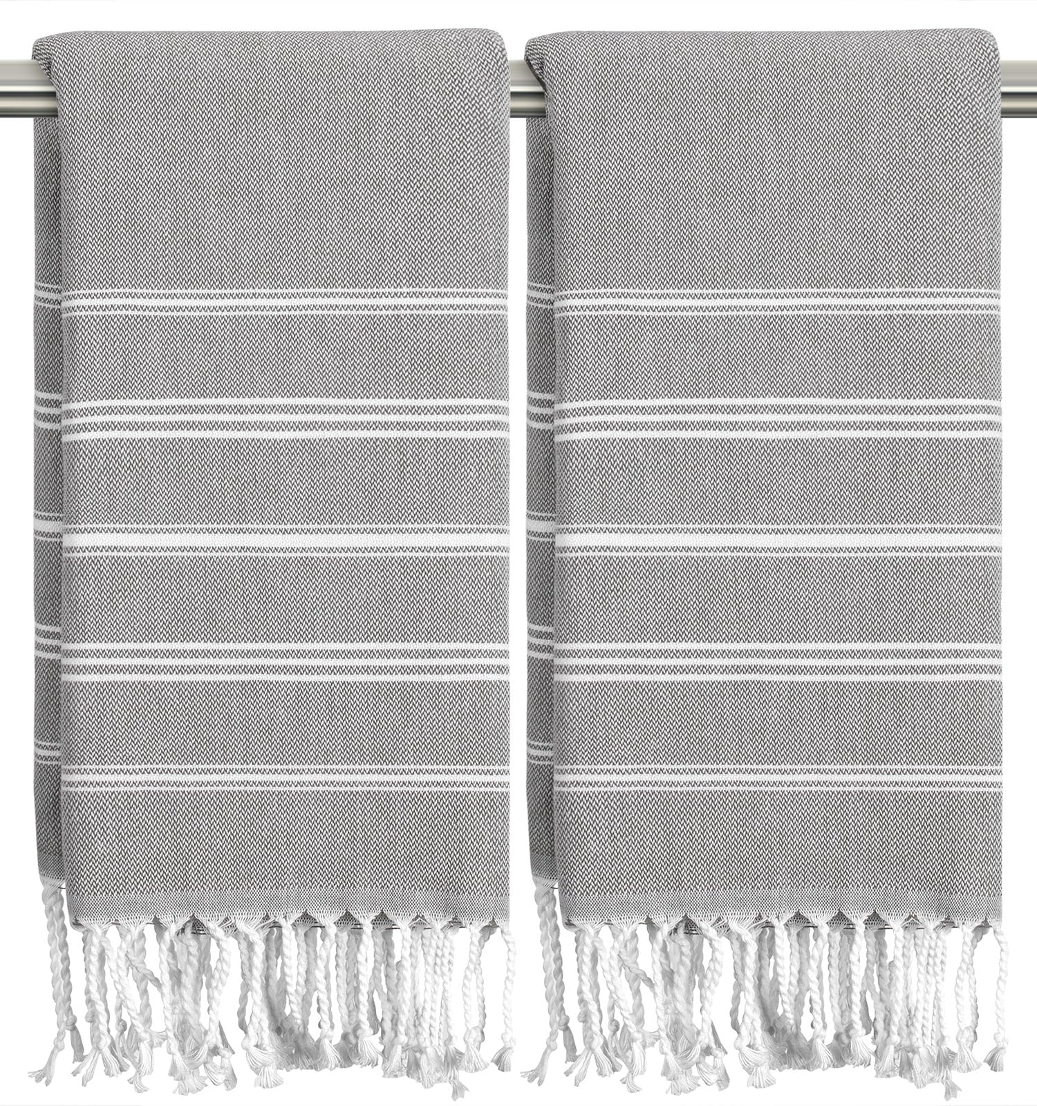 Ouxiaobai Hand Towels for Bathroom - Pack of 2 Turkish Hand Towels Set, Thin Decorative Tea Towel, 20 * 30 Inch Kitchen Cloth with Tassel (Grey)