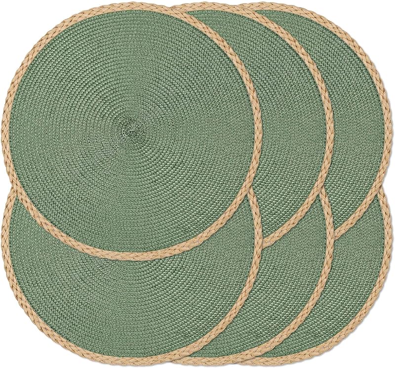Round Placemats Set of 6, Woven Table Mats, Thin Edge, Green | Braided Paper Edge, 15 Inch Diameter, Fits Dinner Plate and Flatware, Wipeable, Heat Resistant, Indoor Dining, Outdoor Patio