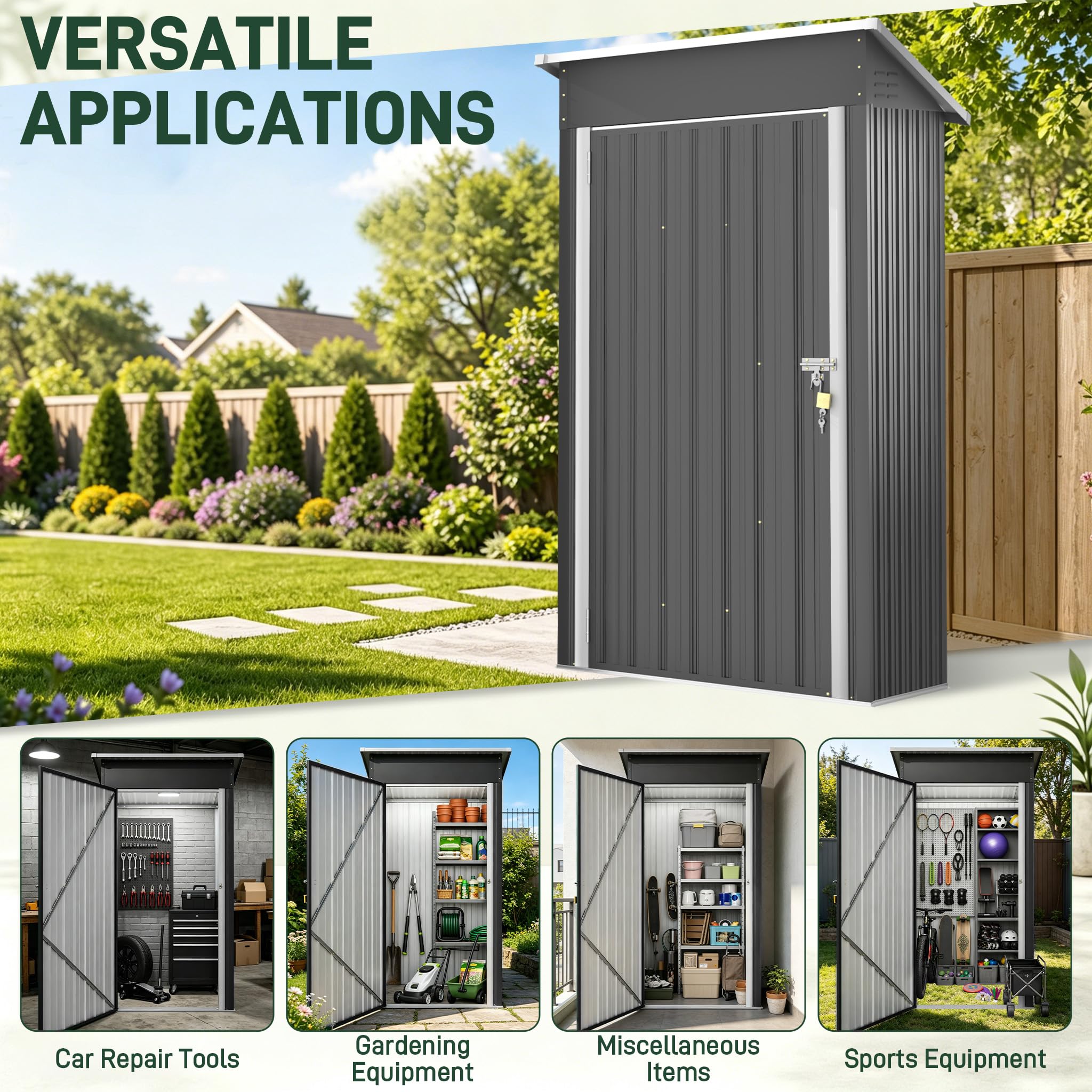 UISEBRT Metall Gerätehaus 1.5 m³ 108x91x185 cm,wetterfester Geräteschuppen mit Schrägdach & Belüftungsöffnungen,abschließbarer Gartenhaus für Gartengeräte, Werkzeuge & Sportartikel,Schwarz