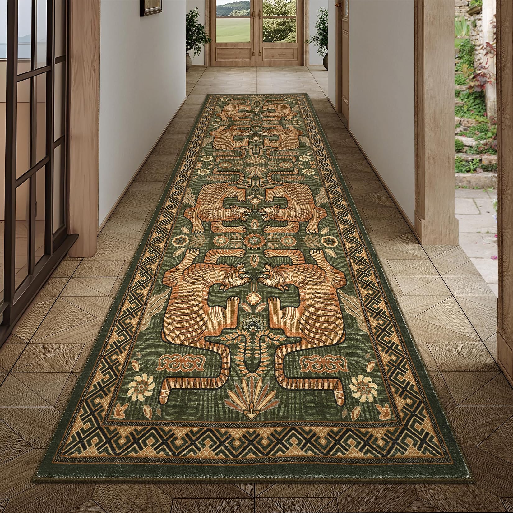 GarveeHome Tiger Print 2'6"x8' Washable Non Slip Runner Rugs for Hallways, Boho Green Kitchen Runner Ultra Thin Soft Vintage Tribal Indoor Throw Floor Carpet for Entryway Bedroom Bathroom