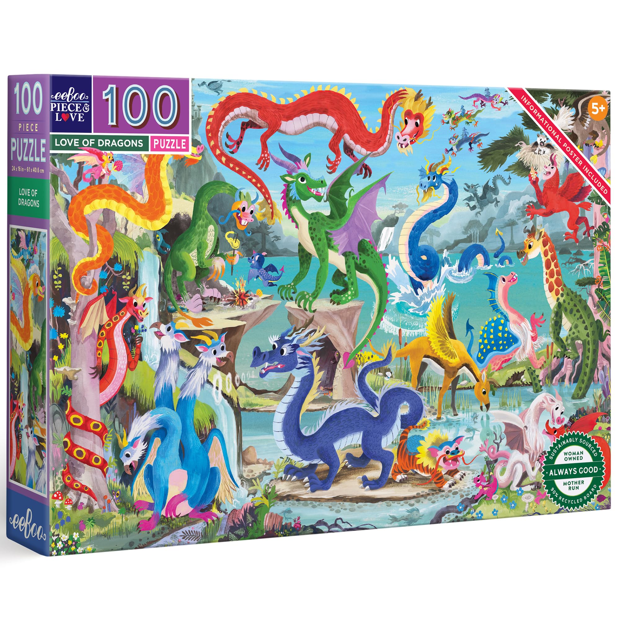 eeBoo 100 Teile Puzzle für Kinder - Love of Dragons Kinderpuzzle Drachen Thema, große Teile für kleine Hände, um motorische Fähigkeiten zu entwickeln