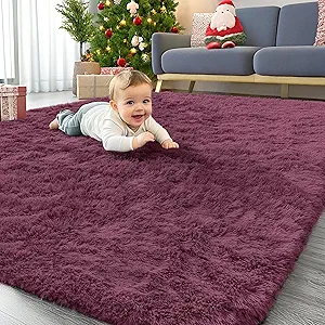 OLANLY Area Rugs for Living Room Bedroom, Machine Washable 4x5.9 ft Soft Fluffy Shaggy Bedside Rug, Indoor Floor Carpet for Kids Girls and Boys, Dorms, Nursery Rooms, Home Decor Aesthetic, Burgundy