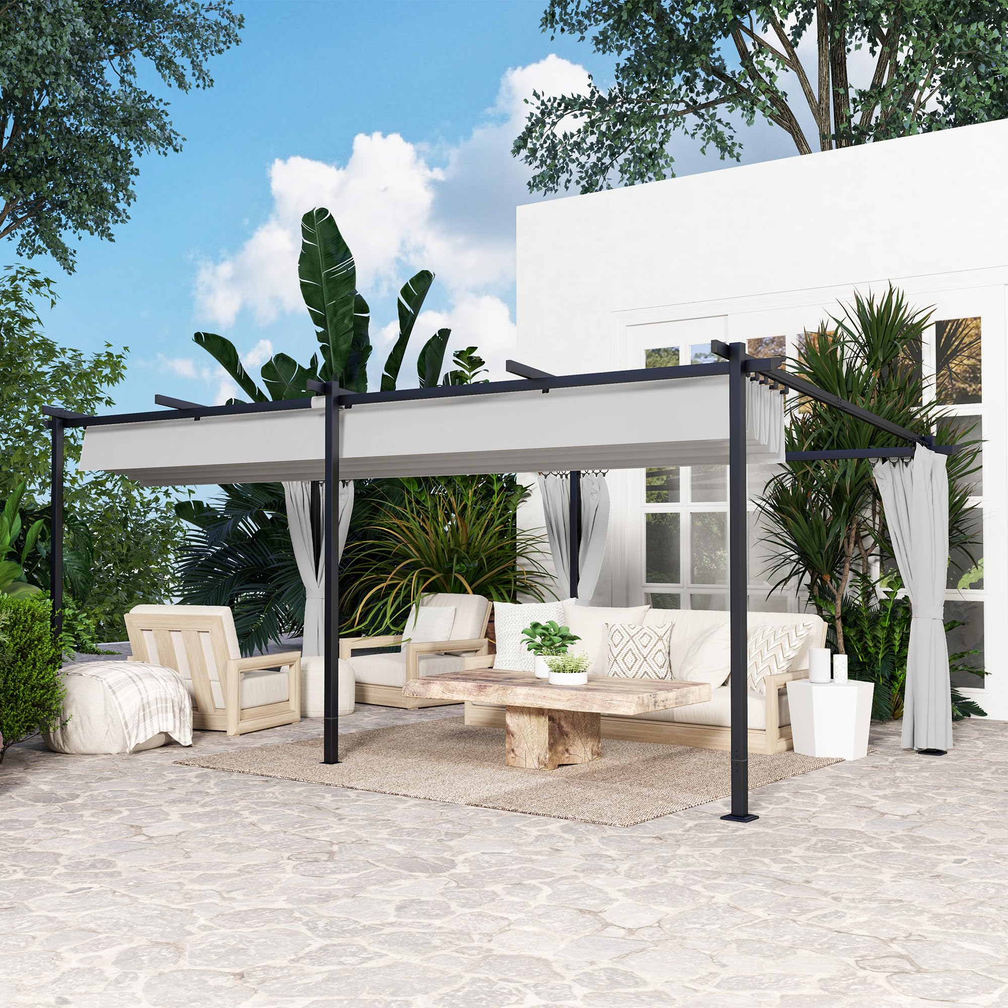 Outsunny Pergola rétractable 3 x 6 m avec Rideaux latéraux, tonnelle de Jardin en métal avec Protection Solaire UPF30+, abri pour terrasse, Patio, Gris Clair