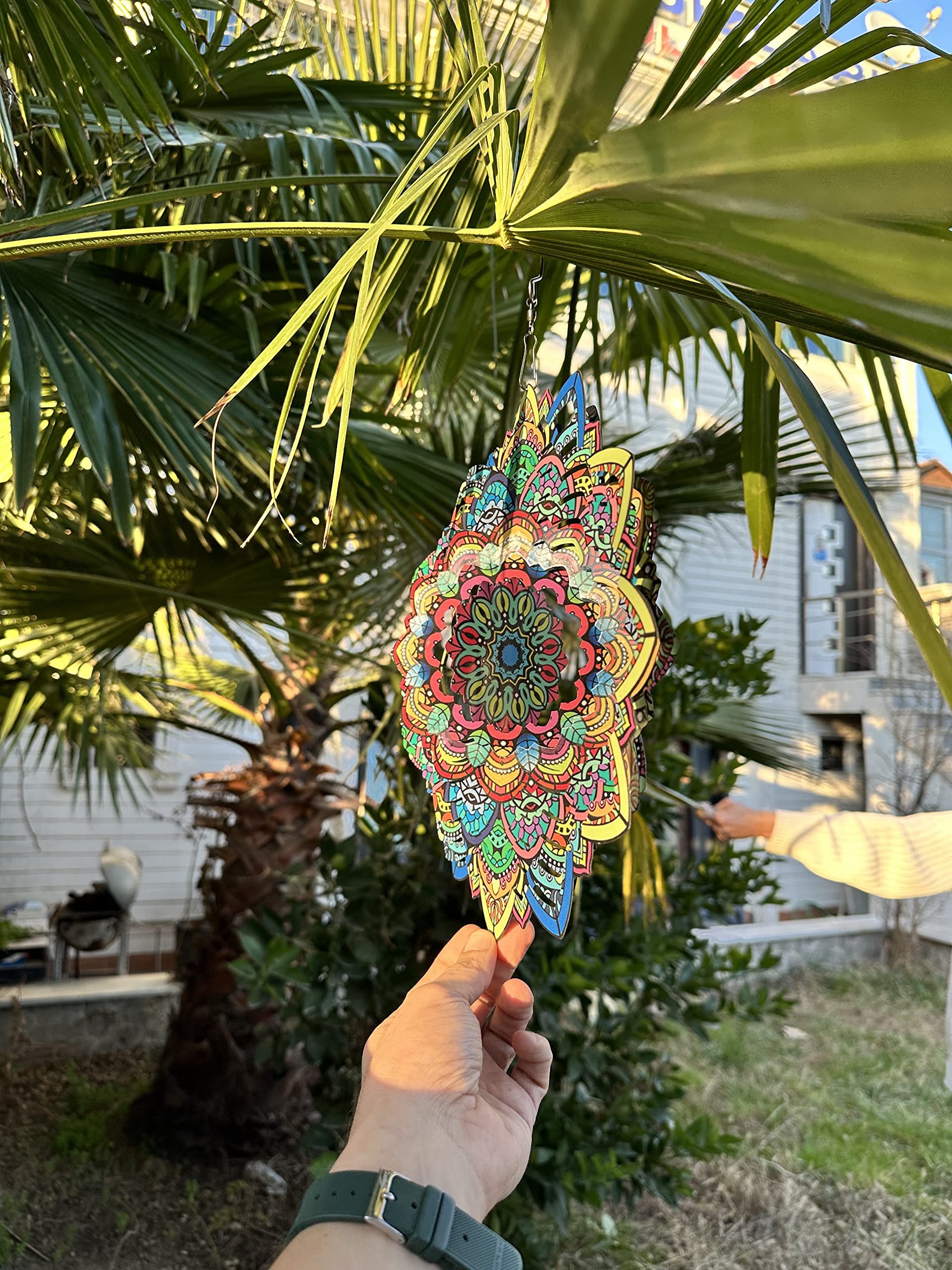 Mandala Wind Spinners for Yard and Garden, 3D Stainless Steel Hanging Spinner for Outdoor & Indoor Decorations, 12 inch, 360 Degree Swivel Spinners