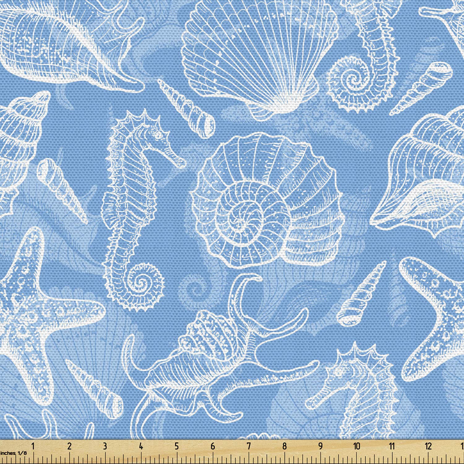 Lunarable Underwater Fabric by The Yard, Doodle Style Aquatic Pattern Shellfishes and Seahorse Retro Animal Design Marine, Decorative Fabric for Upholstery and Home Accents, 3 Yards, White Blue