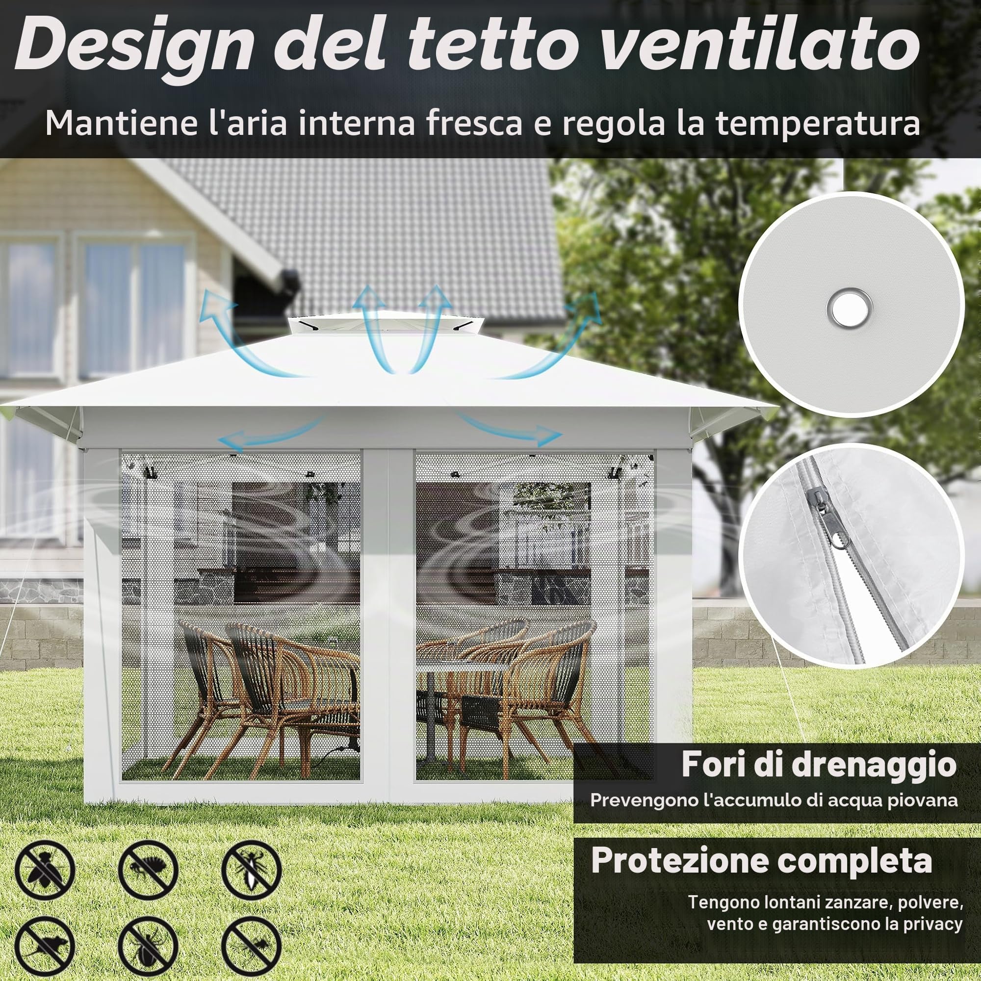 FIVMEN Padiglione 4x4 pop-up, stabile, resistente all'inverno, padiglione pieghevole, altezza regolabile con doppio tetto e 4 zanzariere, parti laterali, padiglione da giardino, con borsa per il