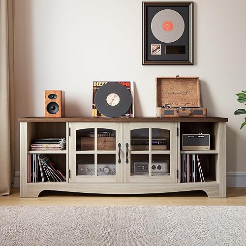 Miniatura 2 de LINSY HOME Soporte de TV de granja con almacenamiento, soporte de TV de madera para TV de más de 55 pulgadas, centro de entretenimiento de madera