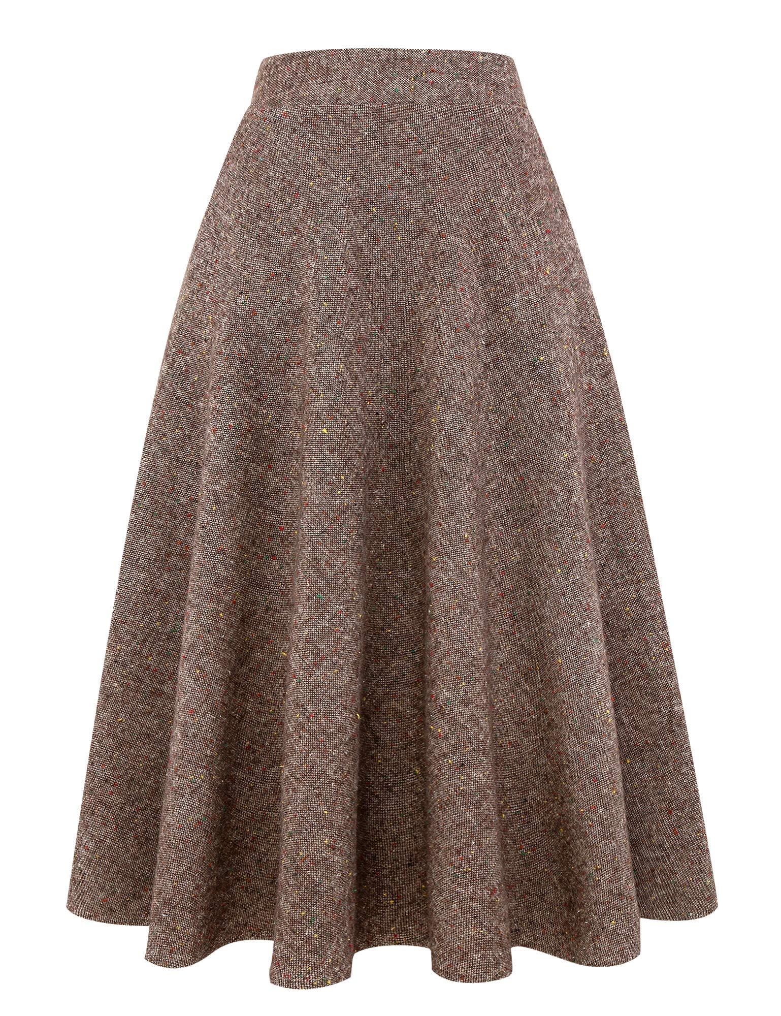 Long Plaid Wool Skirt for Womens Winter Fall Warm High Elastic Waist A line Flared Pleated Wool Tartan Skirts, Dark Khaki, M