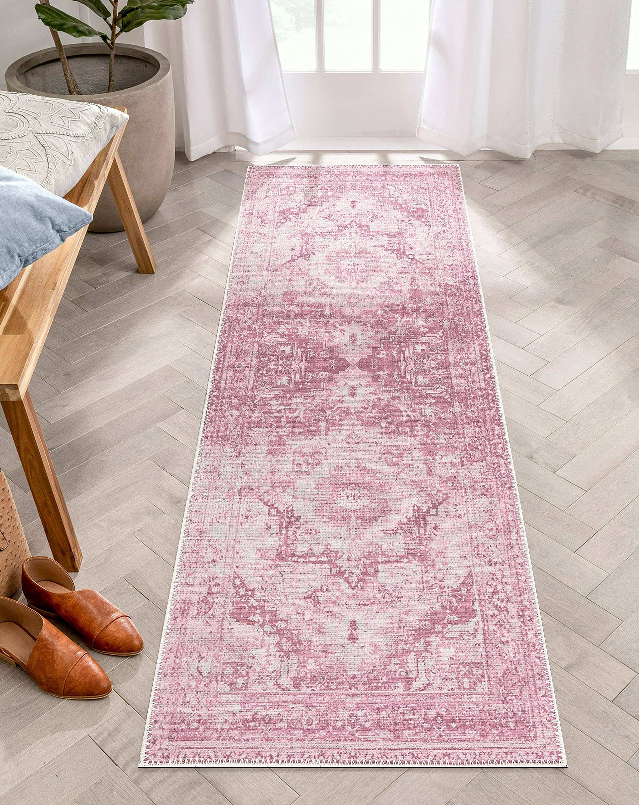 Adiva Rugs Machine Washable Area Rug with Non Slip Backing for Living Room, Bedroom, Bathroom, Kitchen, Printed Persian Vintage Home Decor, Floor Decoration Carpet Mat (Pink, 2'6" x 6'6")