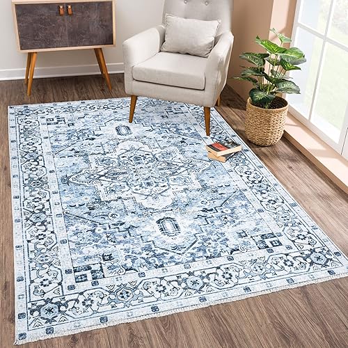 Bloom Rugs Caria - Alfombra lavable antideslizante de 4 x 6 pies, alfombra persa tradicional azul para sala de estar, dormitorio, comedor y cocina,