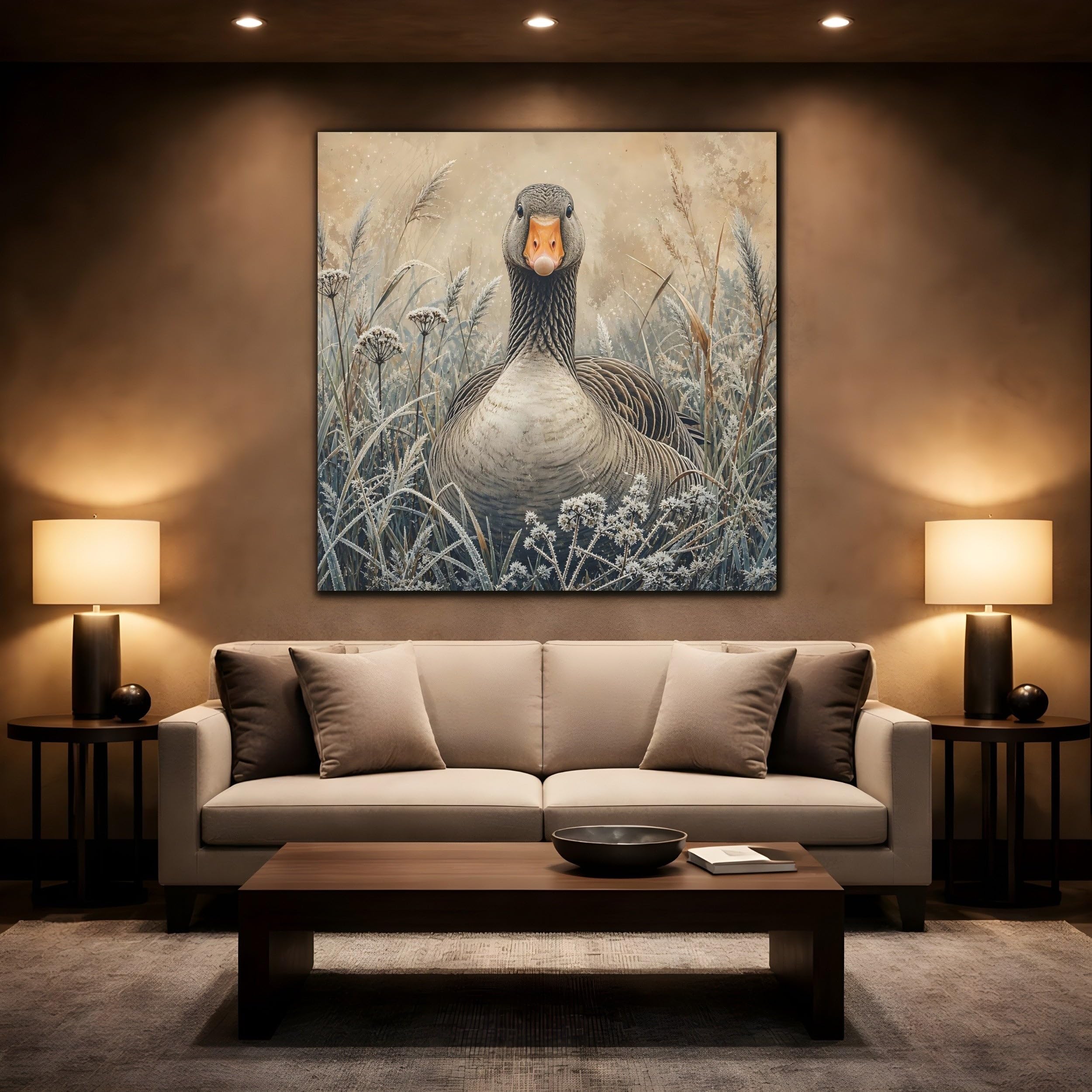 Animals Goose Brown Grey Canvas Print – Living Room, Above Couch 20×20 inch (50×50 cm) - Square / 1.25 inch (3 cm)