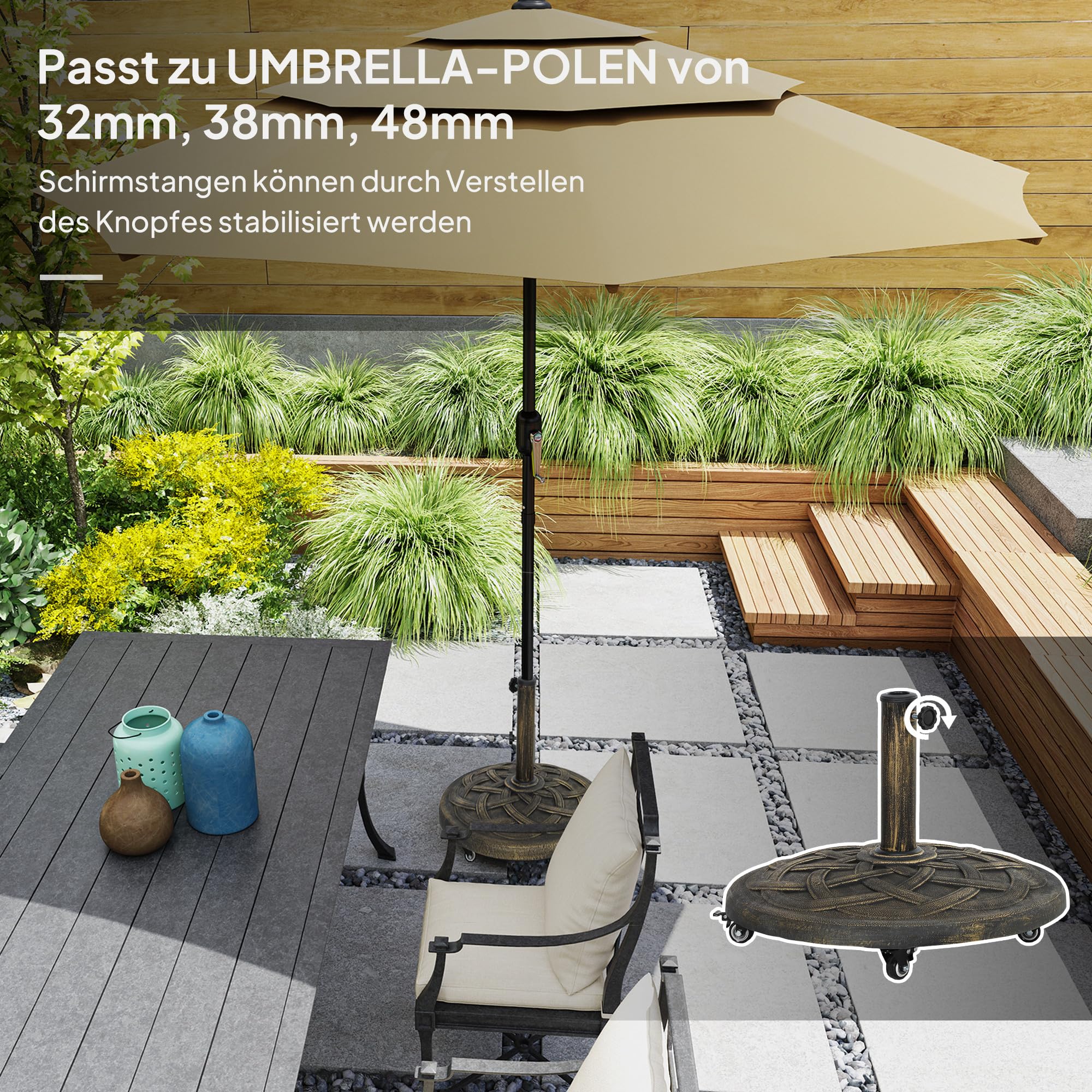 Outsunny Stojak na parasol przeciwsłoneczny z betonu, stojak na parasole z rolką, okrągły uchwyt na parasol, stojak na parasol przeciwsłoneczny o średnicy rury 34/38/48 mm, na balkon, taras, do