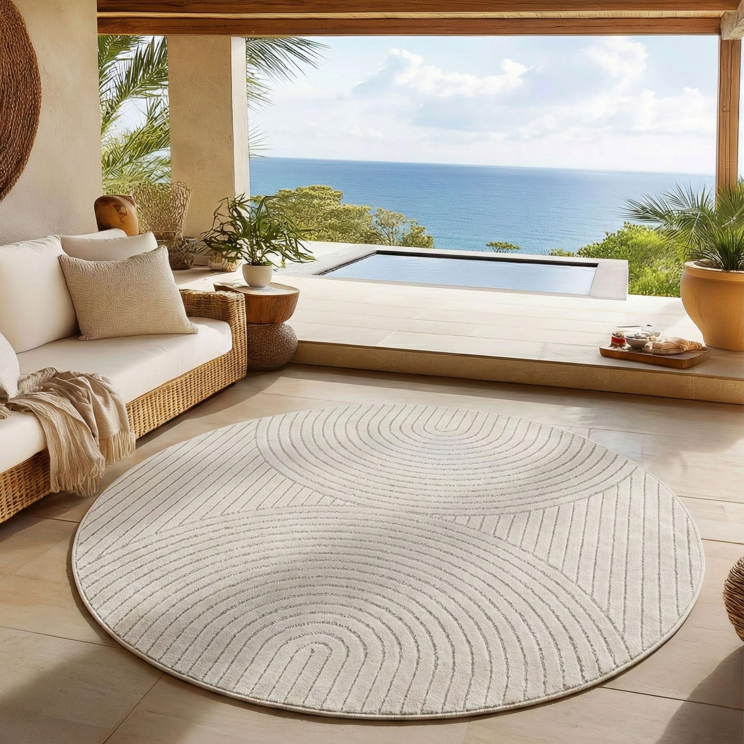 SIMPEX Kurzflor Teppich Rund 160 cm Creme, Hoch Tief Effekt, Skandi Boho Teppich für Wohnzimmer Schlafzimmer, Terrasse Balkon Indoor Outdoor