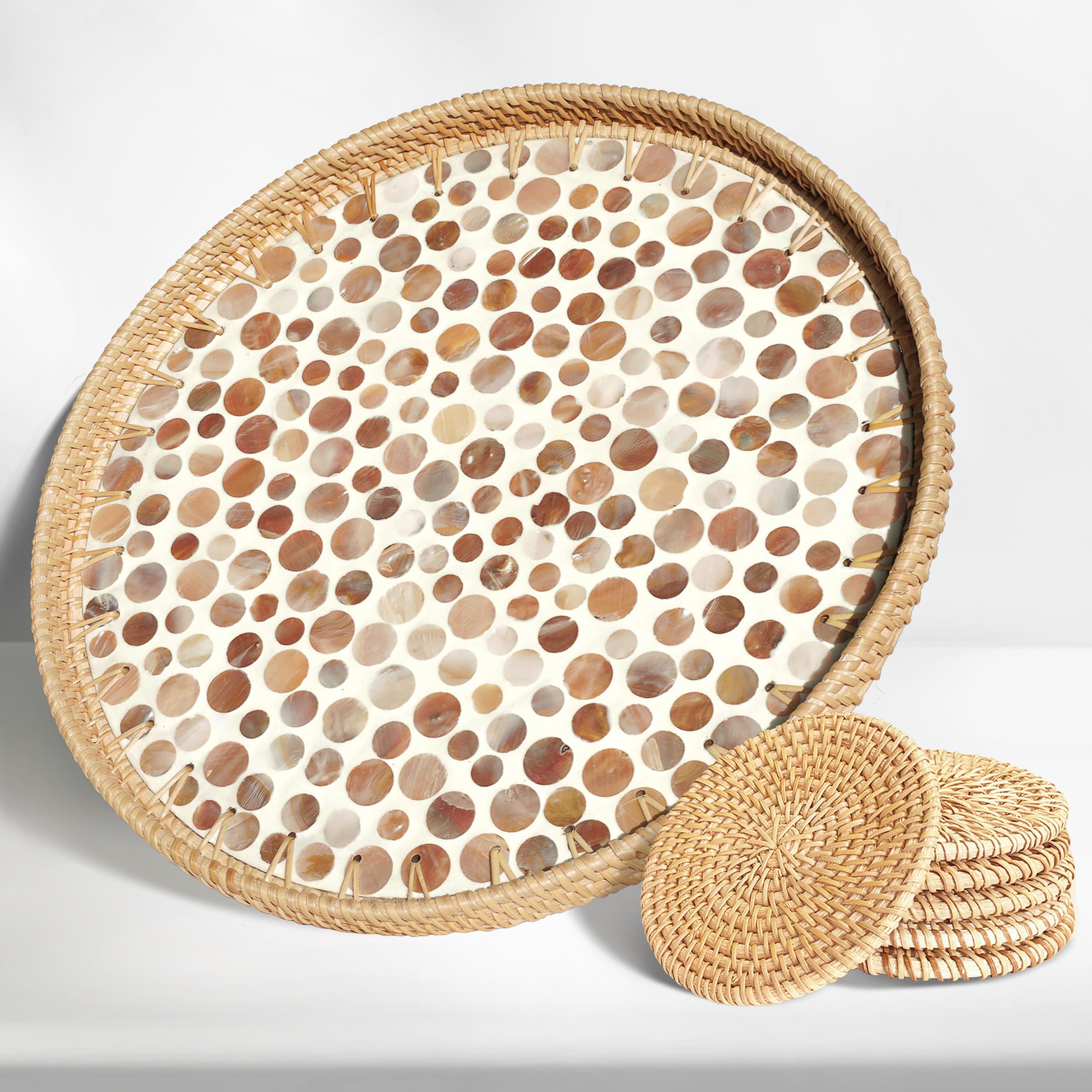 13.8" Large Round Rattan Tray with Mother of Pearl Inlay, Wicker Woven Tray Round Decorative Serving Tray for Coffee Table Decor Home Decor, 6 Rattan Coasters Included (Planet Spot)