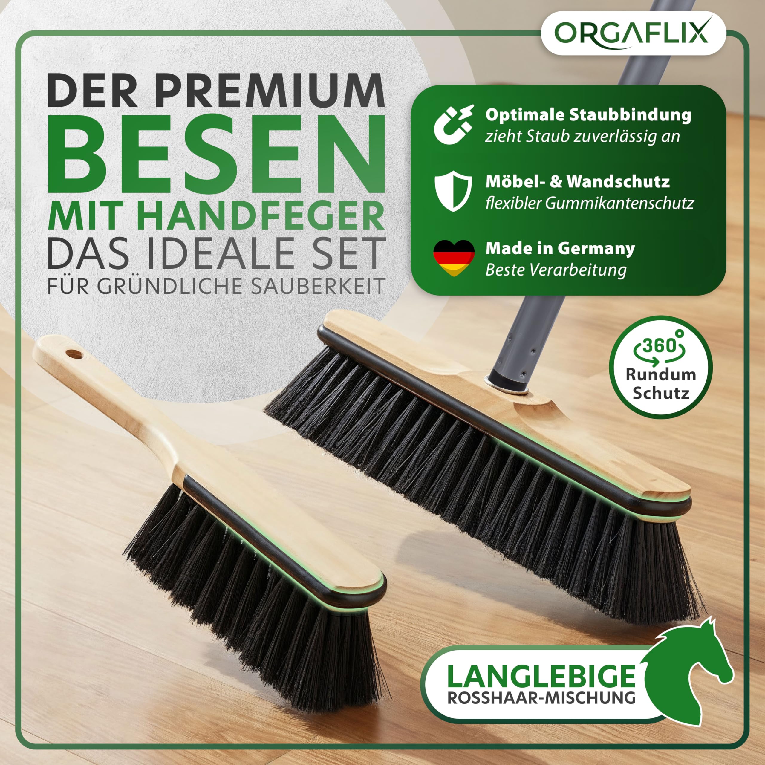 ORGAFLIX Premium Zestaw miotły z uchwytem i szczotki ręcznej - zestaw do zamiatania z mieszanką włosia konia, dodatkowo odpylający, gwint ocynkowany 24 mm, uchwyt miotły regulowany 60–130 cm