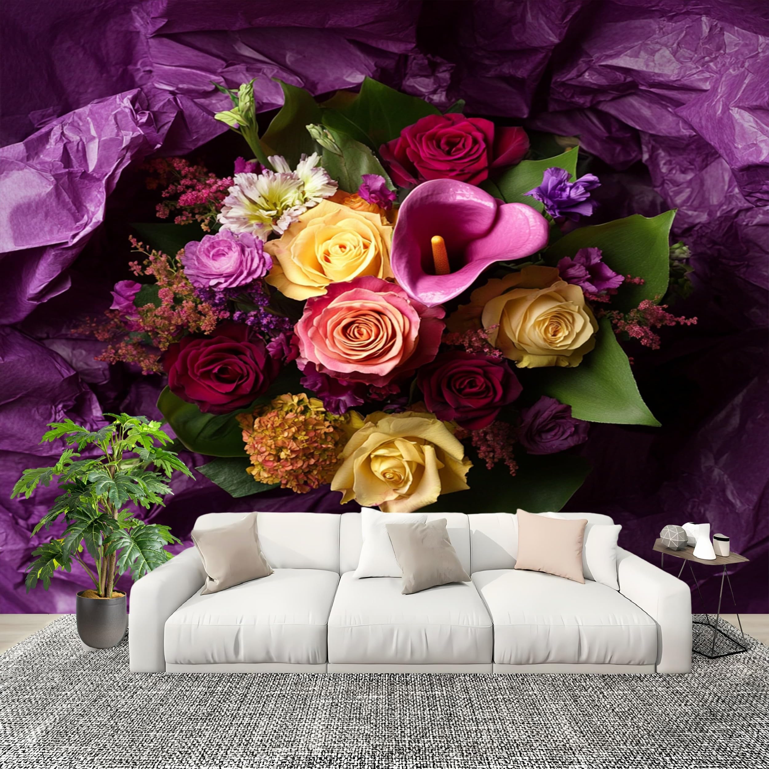 Papier peint intissé enfant violet lavable et anti-tache bouquet 400x280