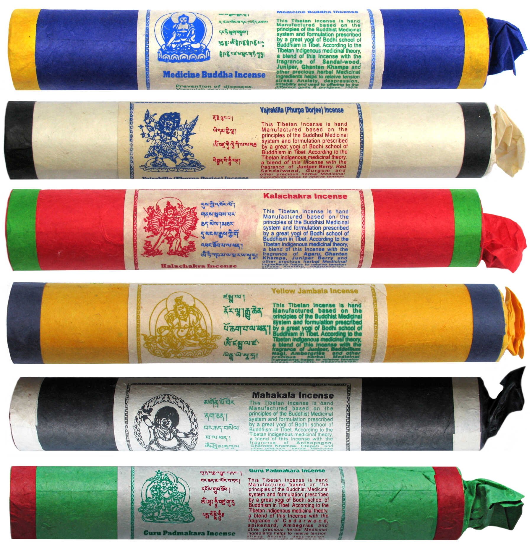 Tibetische Räucherstäbchen 6er Set aus Medicine Buddha - Jambhala - Kalachackra - Vajrakila - Mahakala- Padmasambhava