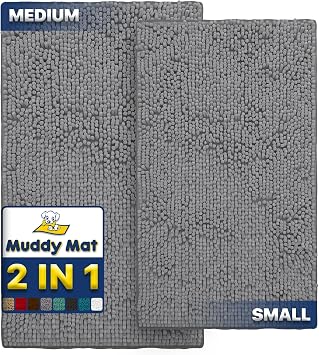 Muddy Mat 2-Piece Set AS-SEEN-ON-TV Highly Absorbent Microfiber Door Mat and Pet Rug, Non Slip Thick Washable Area Mat Soft Chenille for Kitchen Bathroom Bedroom and Outdoor - Grey Small & Medium