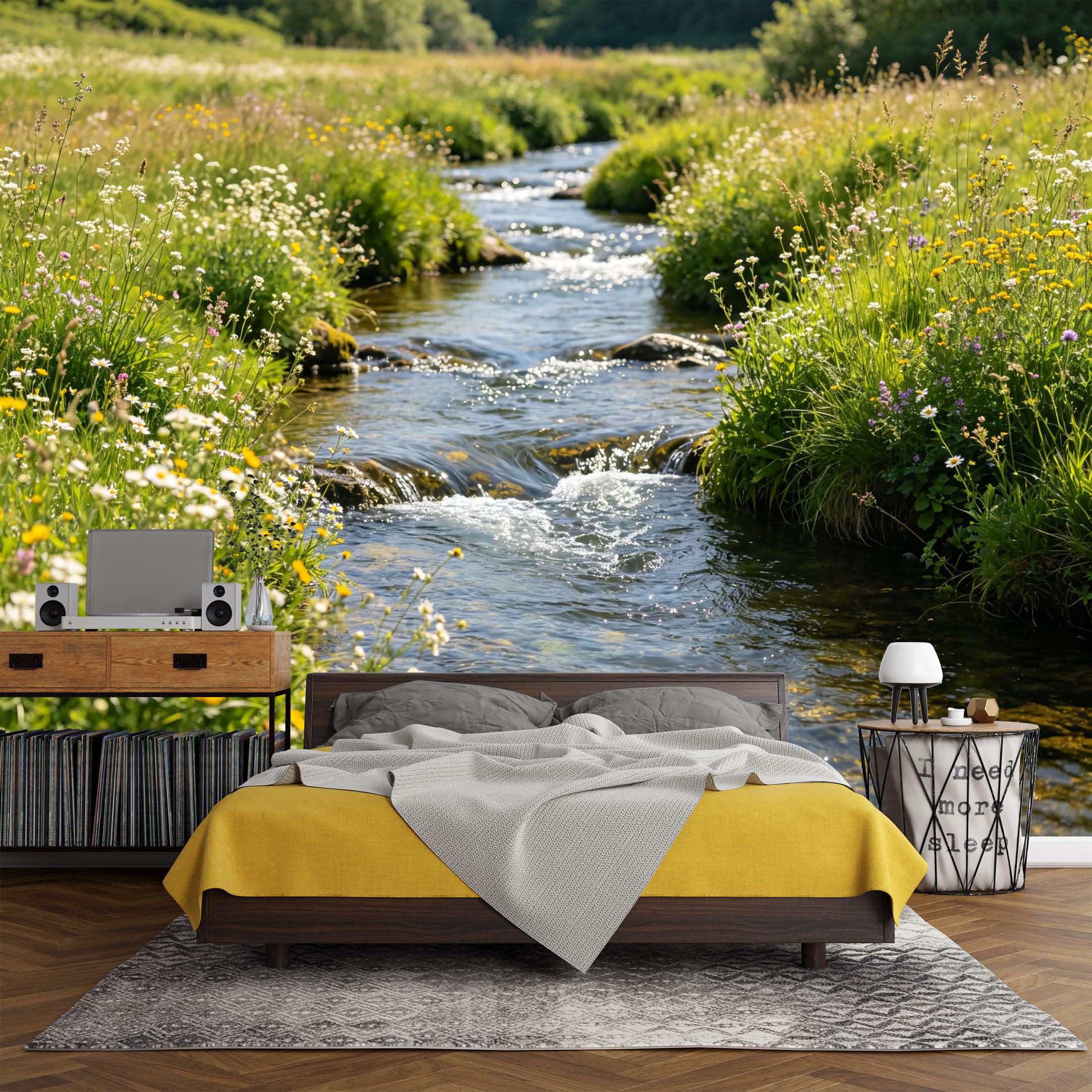 Custom Size Wall Mural， Landscape Mountain Stream Meadow Wildflowers Nature Scenery，SelfAdhesive Art Prints wall Fabric (No PVC) Removable Wallpaper Living Room Decor