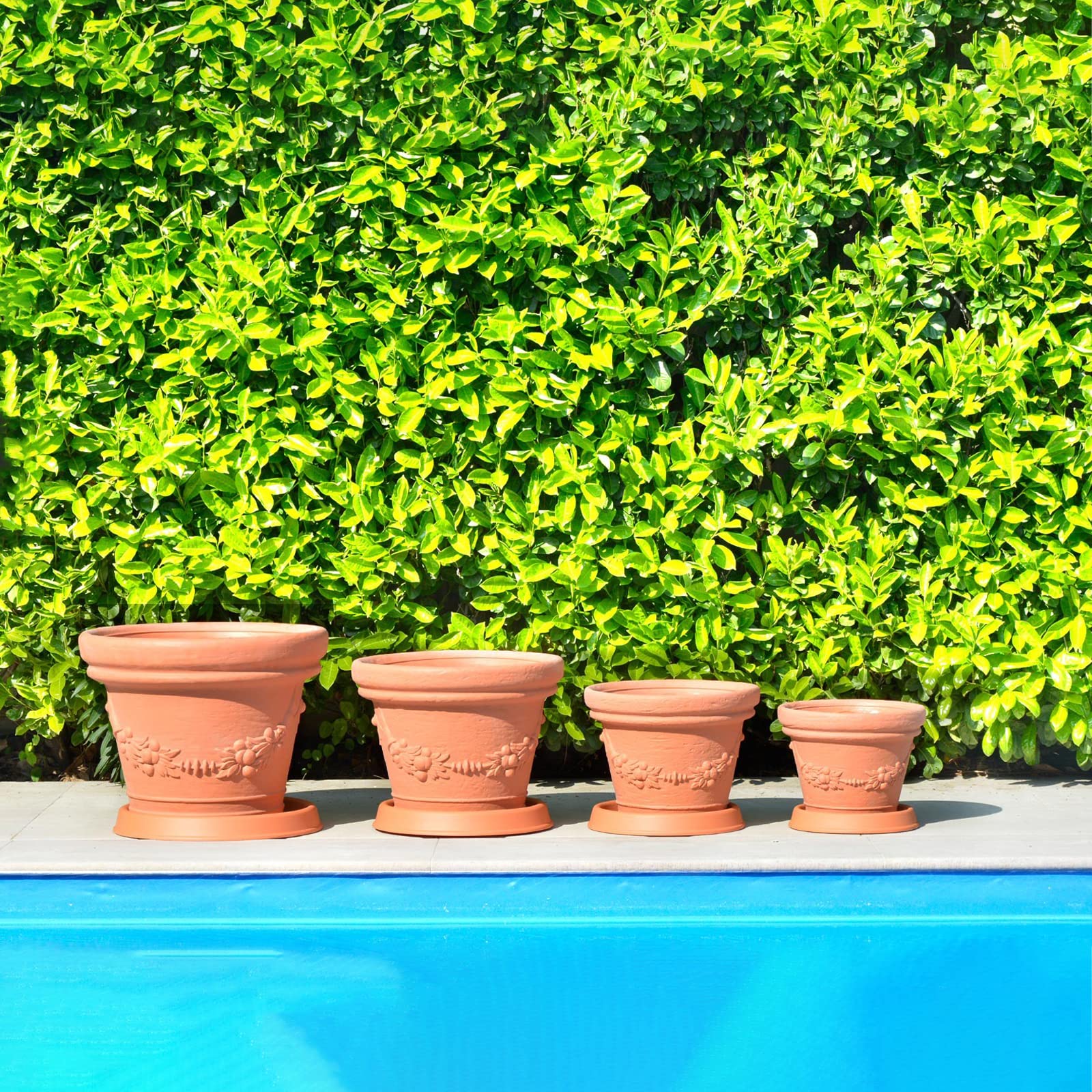 Mondo Viro Vaso in resina impruneta Elios per esterno con sottovaso con riserva d'acqua (cm Ø59x48h, Terracotta)