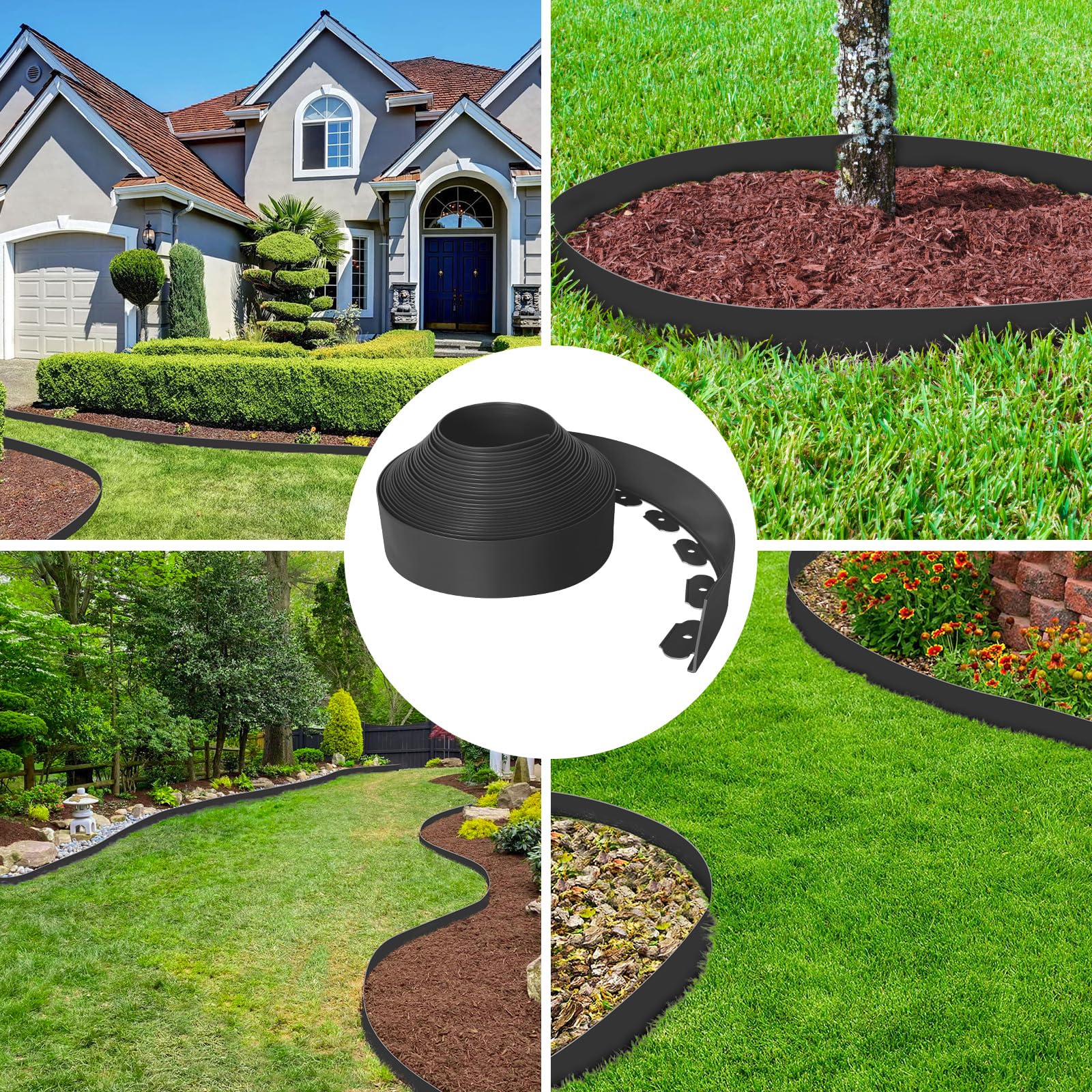 Bordure de Pelouse Flexible en Plastique, 15 m x 10 cm de Hauteur, Bordure de Jardin avec 75 Piquets de Fixation, kit de Délimitation pour Bordures de Jardin et de Massifs - Noir