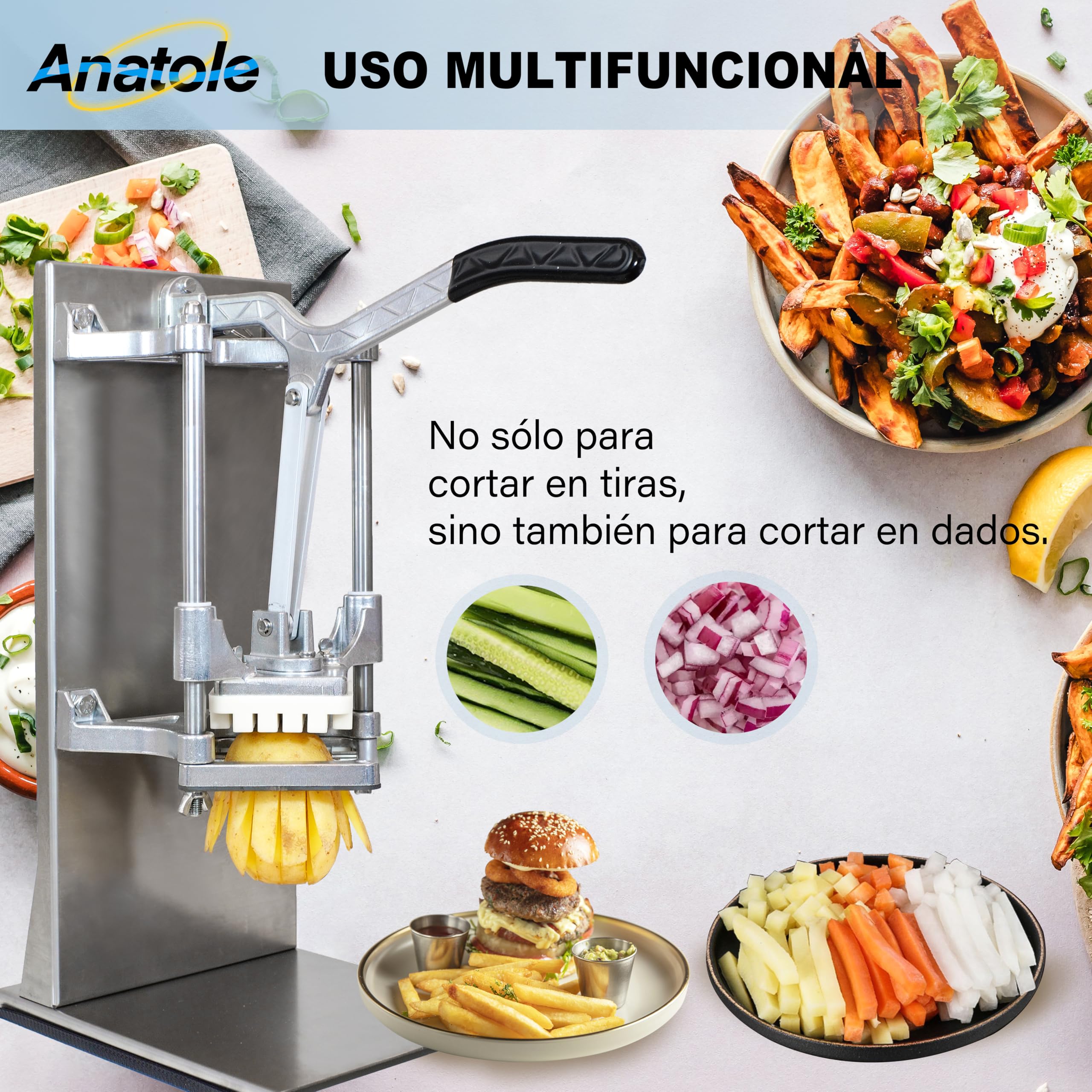 Anatole Cortador de Patatas Fritas Profesional Vertical con Cuchillas de 6mm 9mm 13mm Acero Inoxidable Cortadora de Verduras Frutas Manual Multifuncional para Cebollas Zanahorias Pepinos