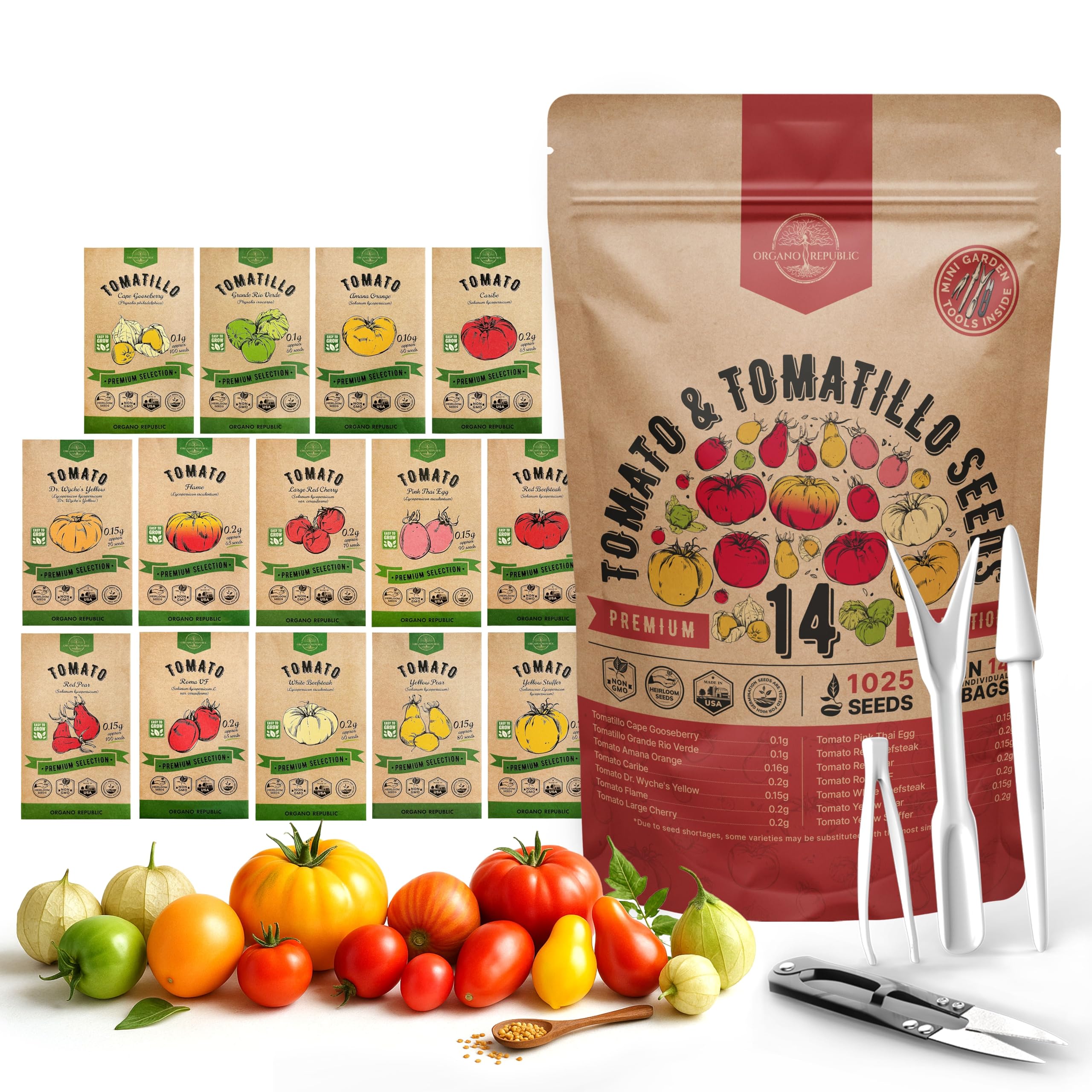 Organo Republic 14 Rare Tomato & Tomatillo Garden Seeds Variety Pack - 1,020+ Non-GMO Heirloom Tomato & Tomatillo Seeds for Outdoors & Indoor Home Gardening