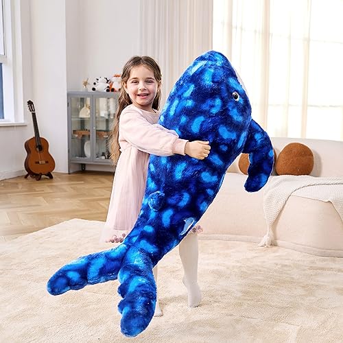 Miniatura 3 de IKASA Juguete de peluche grande de ballena azul, gigante, de 43 pulgadas, lindos juguetes suaves jumbo, enorme tamaño grande, esponjoso, oso, de