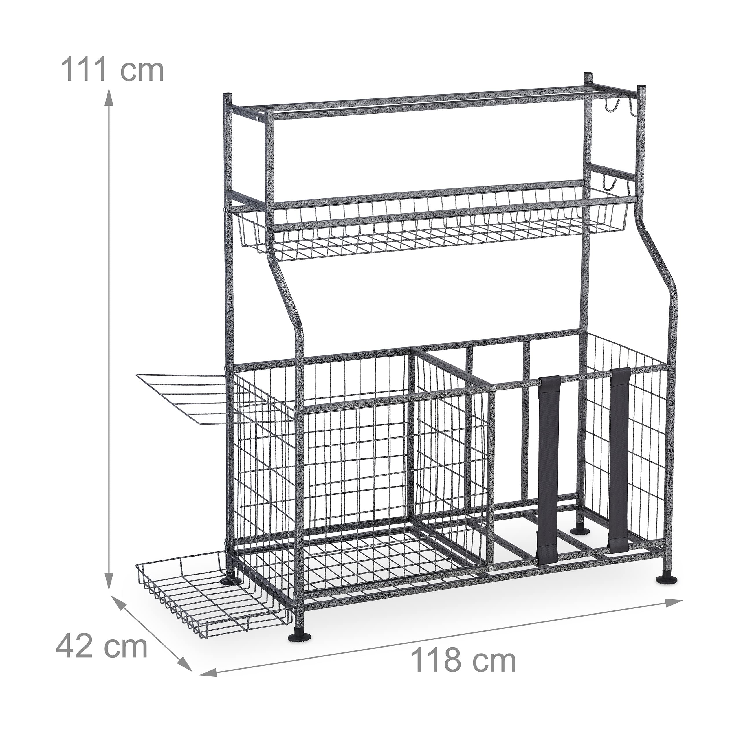 Relaxdays Almacenamiento Material Deportivo, Metal, Estantería para Utensilios Fitness y Pelotas, 111x118x42 cm, Gris
