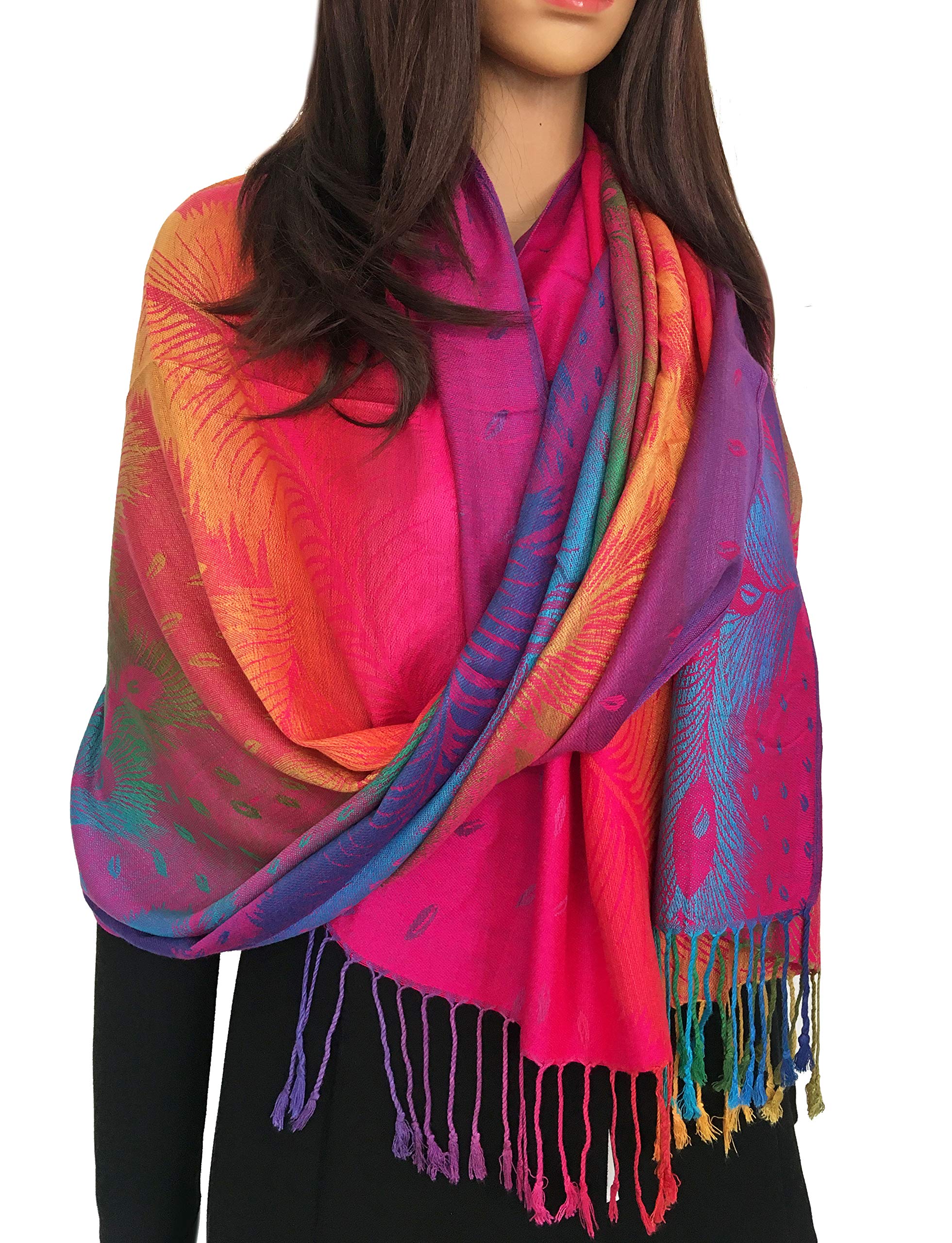 Women's Large Multicolour Pashmina Shawl Scarf, Woman Rainbow Coloured  Scarf, Bright Multi Colour Wrap, Lightweight Summer Evening Paisley Floral 