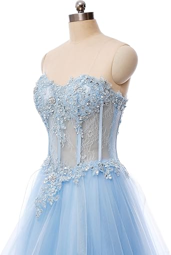 WOWBRIDAL Women's Blue Lace Symmetrical Peplum Long Prom Dress